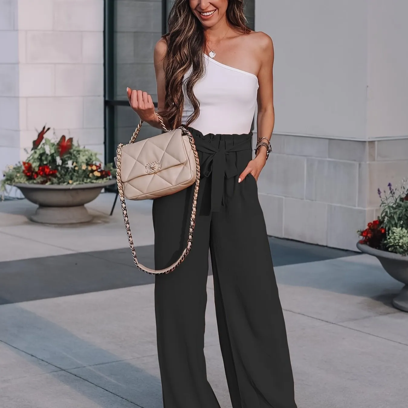 Casual Loose Lace Up Solid High Waist Fashion Wide Leg Pants