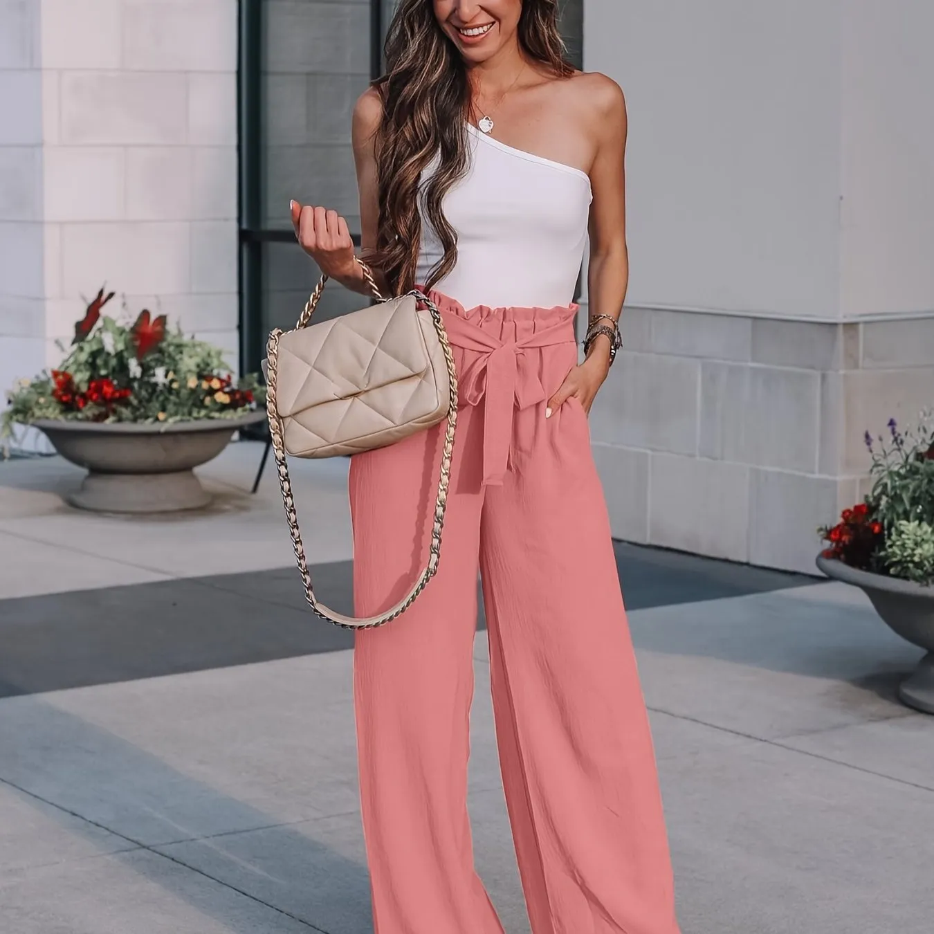 Casual Loose Lace Up Solid High Waist Fashion Wide Leg Pants