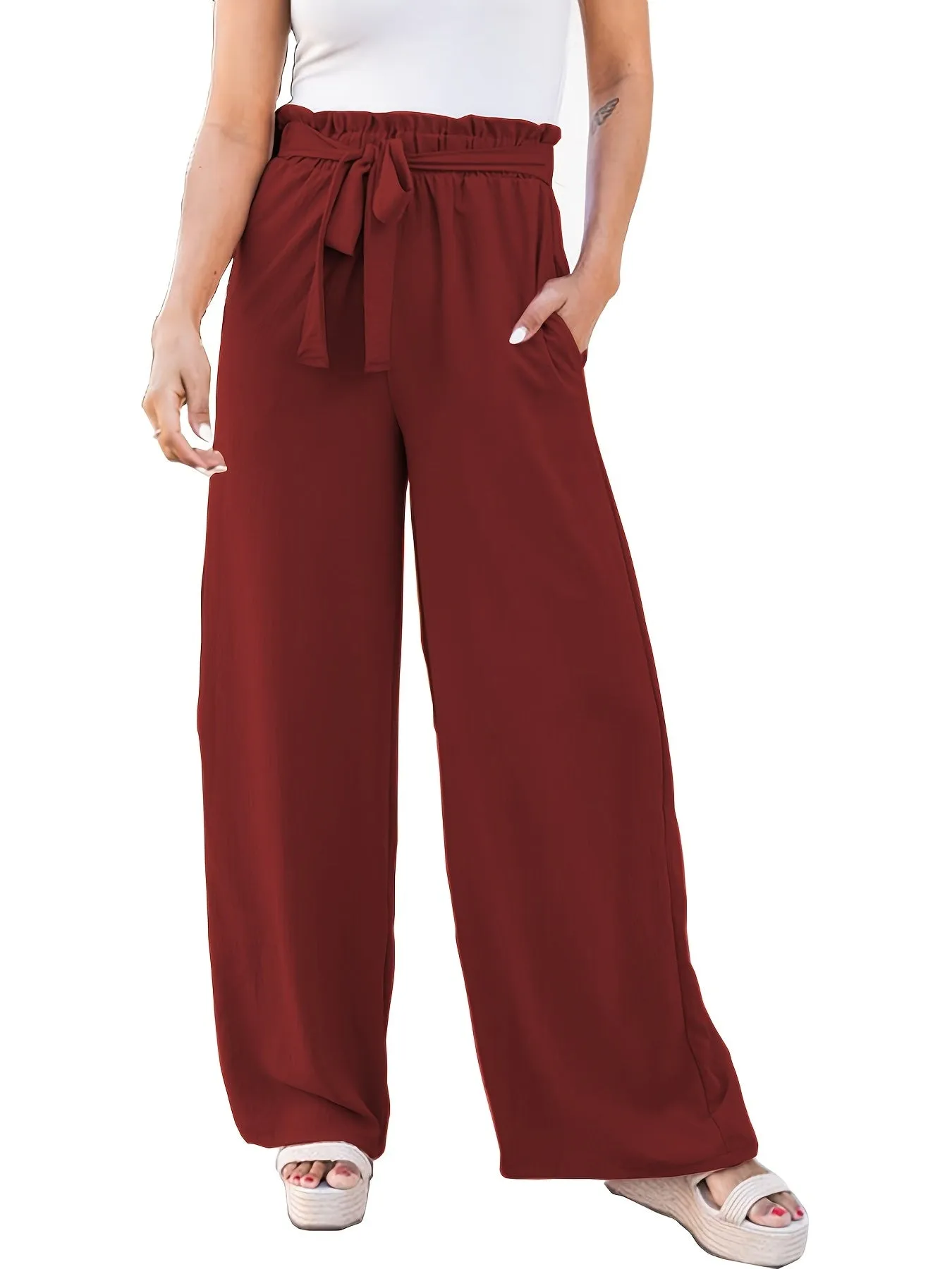 Casual Loose Lace Up Solid High Waist Fashion Wide Leg Pants