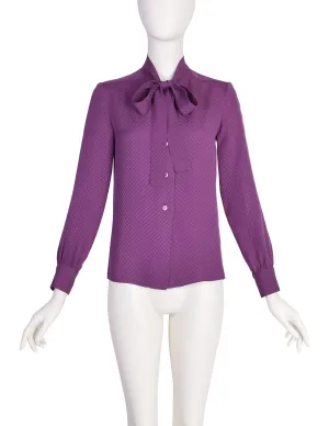 Chanel Vintage Purple CC Logo Monogram Jacquard Silk Lavalliere Blouse