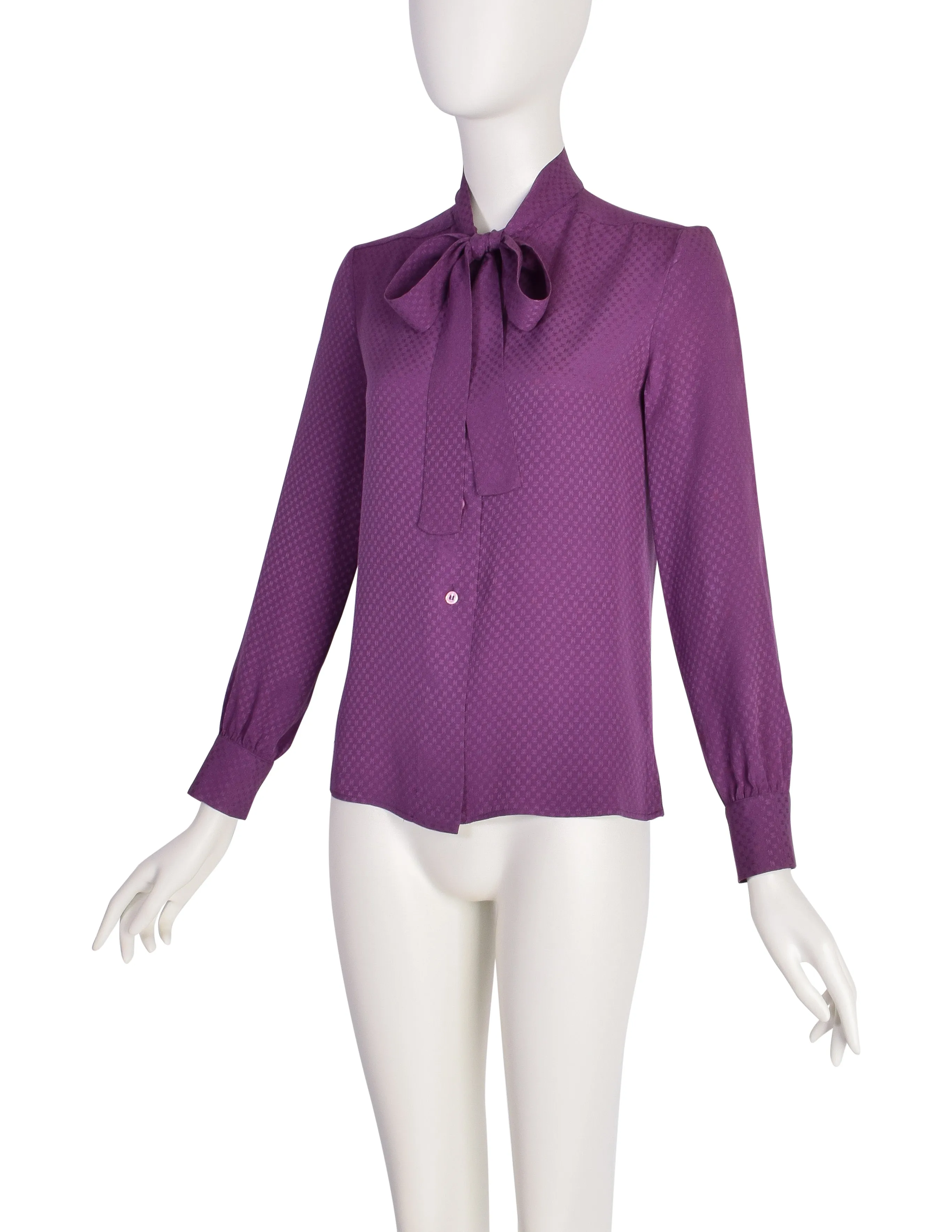 Chanel Vintage Purple CC Logo Monogram Jacquard Silk Lavalliere Blouse