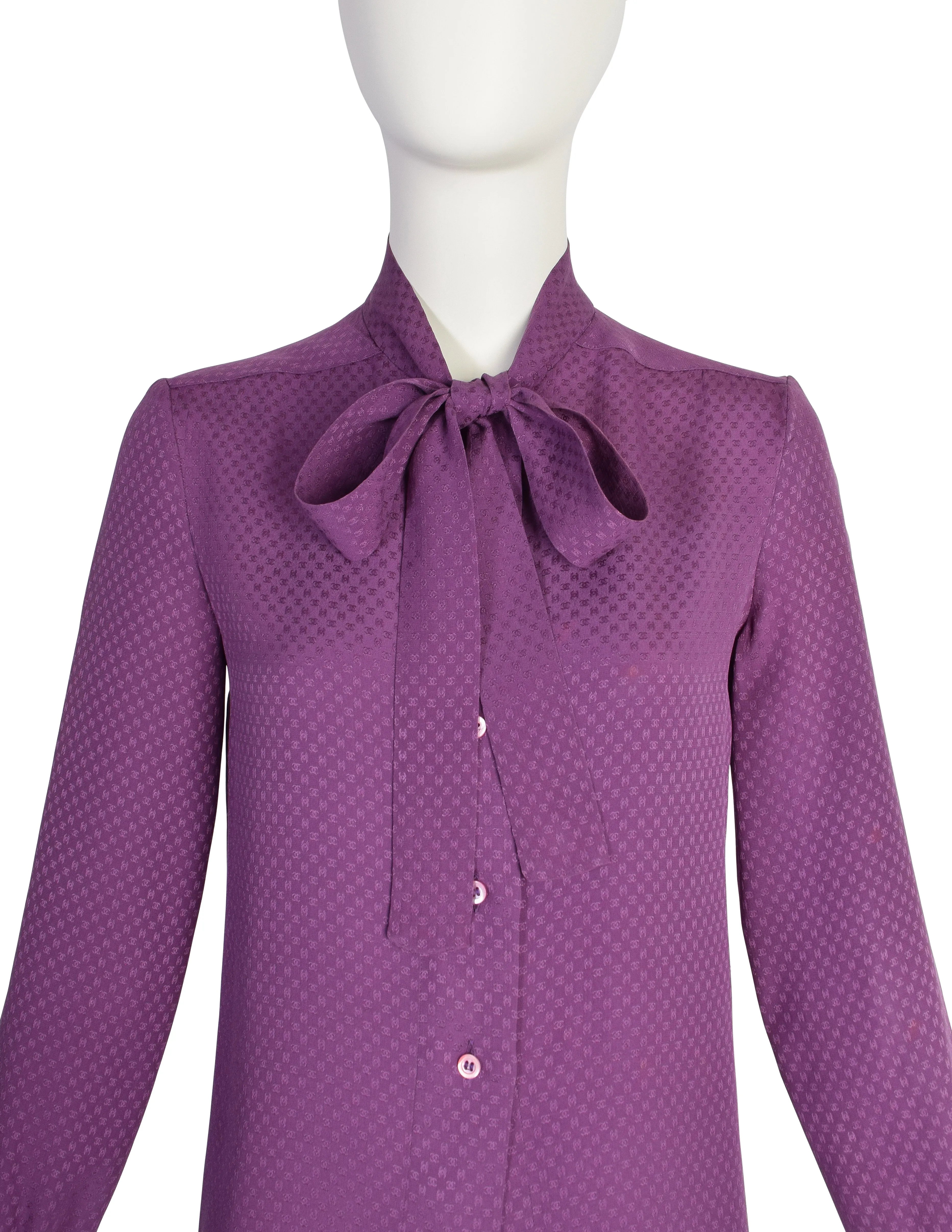 Chanel Vintage Purple CC Logo Monogram Jacquard Silk Lavalliere Blouse