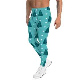 Christmas Tree Festive Men's Leggings, Green and Blue Xmas Tree Festive Best Holiday Tights For Men - Made in USA/EU/MX