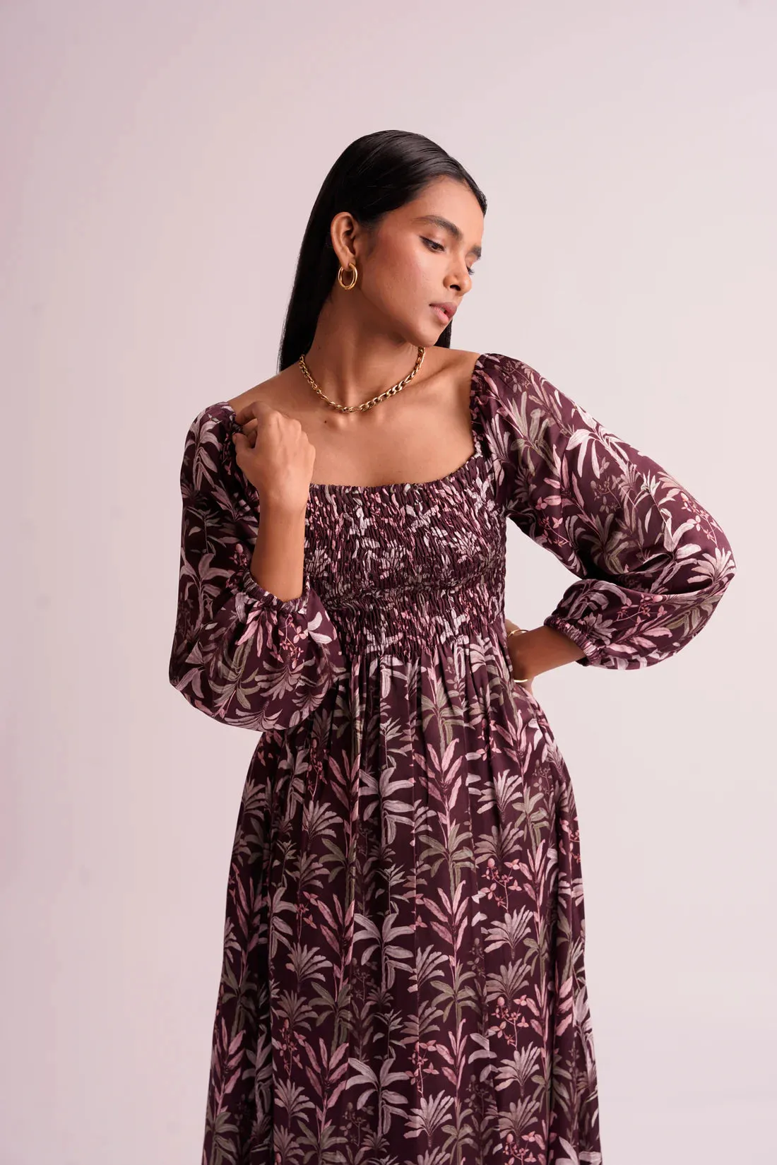 Comfortable Printed Purple Midi Dress