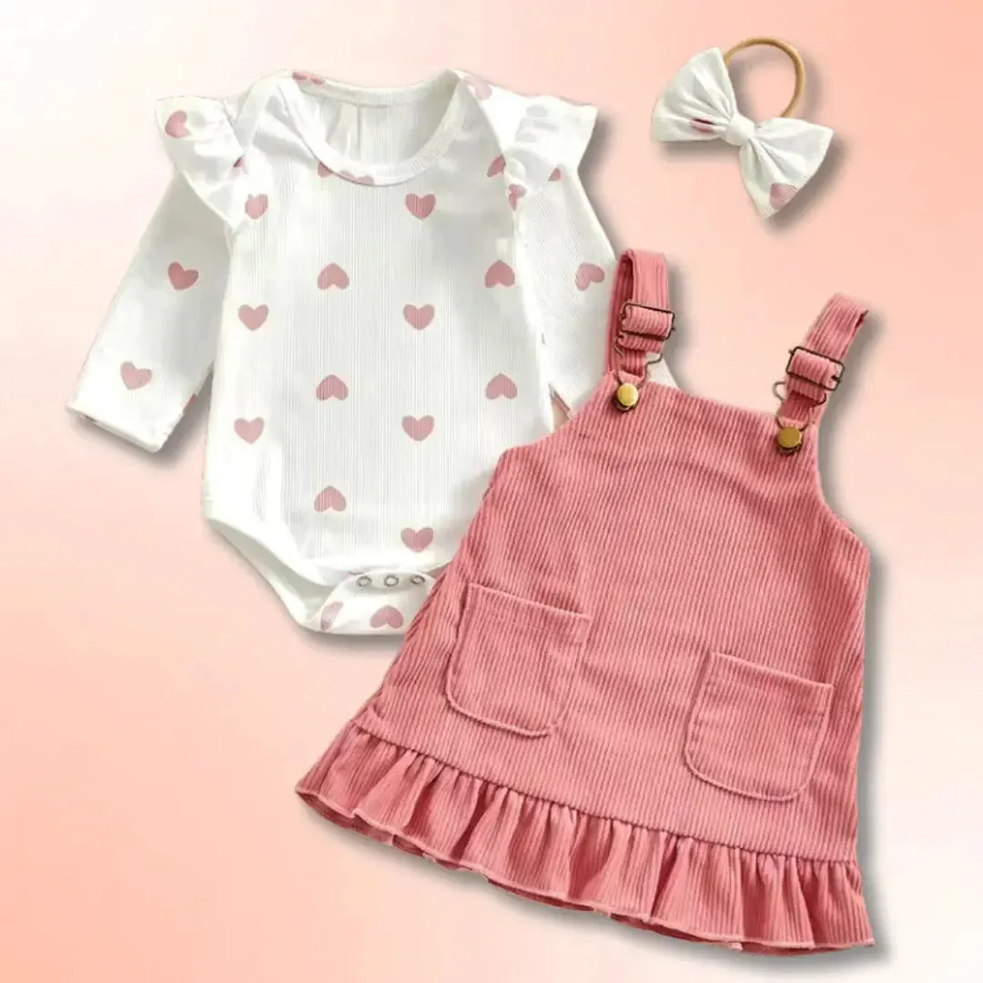 Crimson & Blush Corduroy Pinafore Set with Heart-Print Bodysuit   Bow (3-18M)