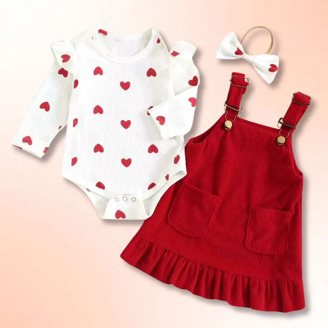 Crimson & Blush Corduroy Pinafore Set with Heart-Print Bodysuit   Bow (3-18M)