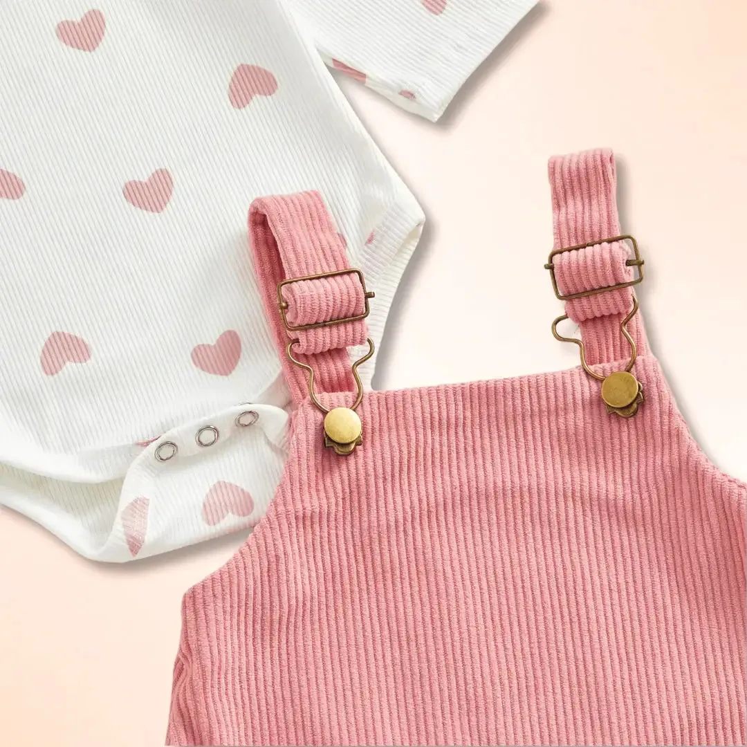 Crimson & Blush Corduroy Pinafore Set with Heart-Print Bodysuit   Bow (3-18M)