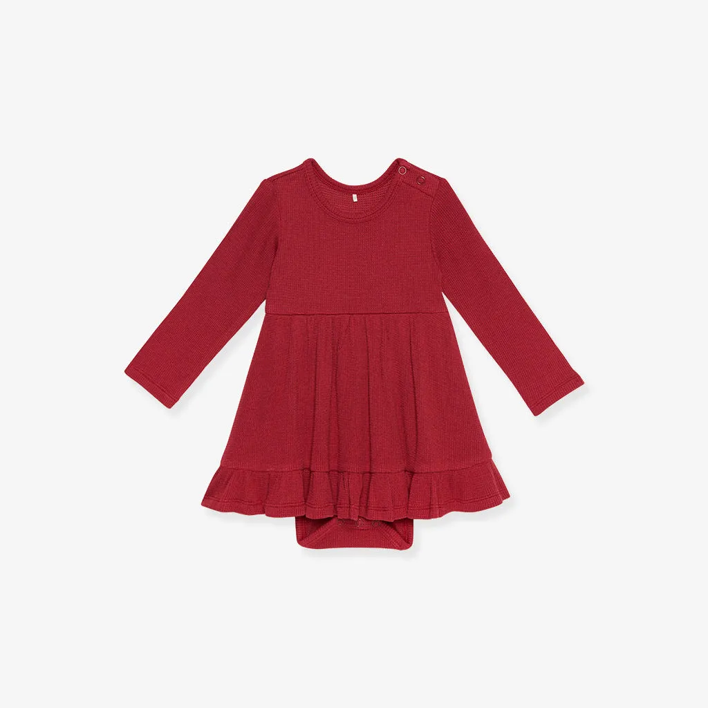 Crimson Waffle Ruffled Bodysuit Dress