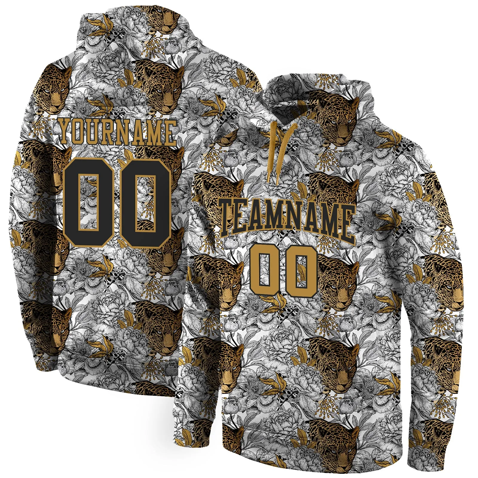 Custom Stitched Black Black-Old Gold 3D Pattern Design Leopard Sports Pullover Sweatshirt Hoodie