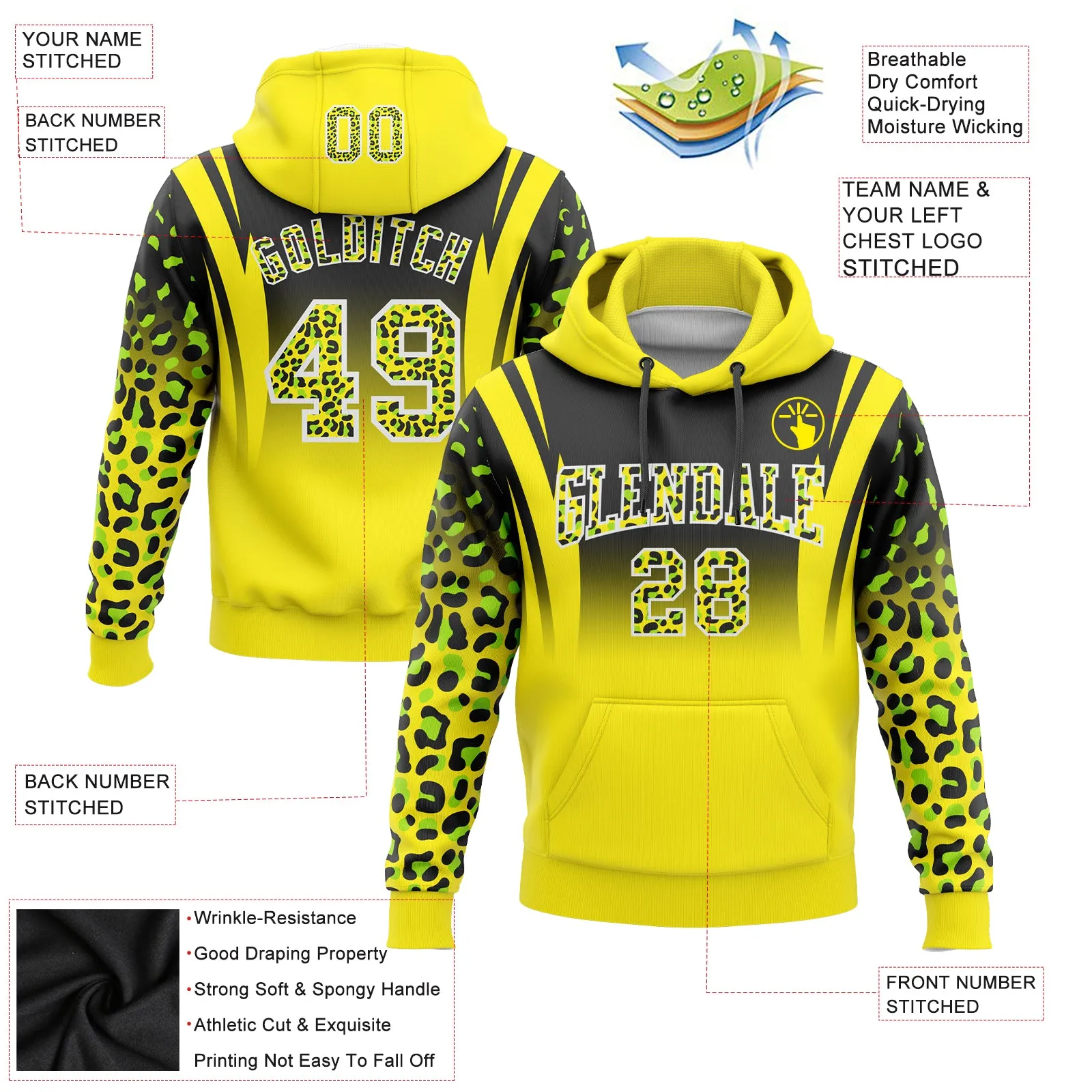 Custom Stitched Black Light Yellow-Neon Green Fade Fashion Leopard Print Sports Pullover Sweatshirt Hoodie