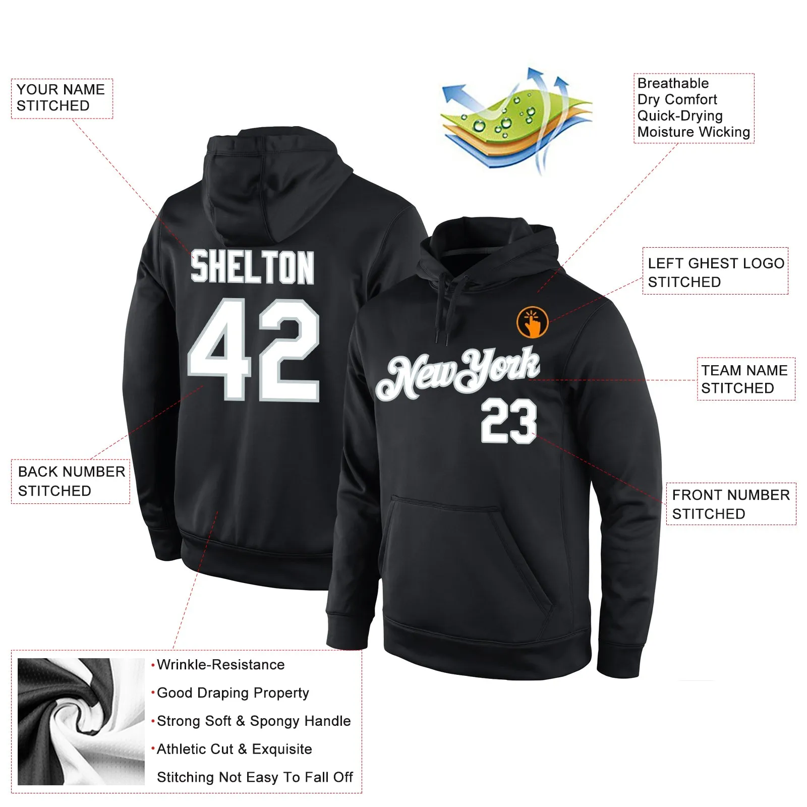 Custom Stitched Black White-Silver Sports Pullover Sweatshirt Hoodie