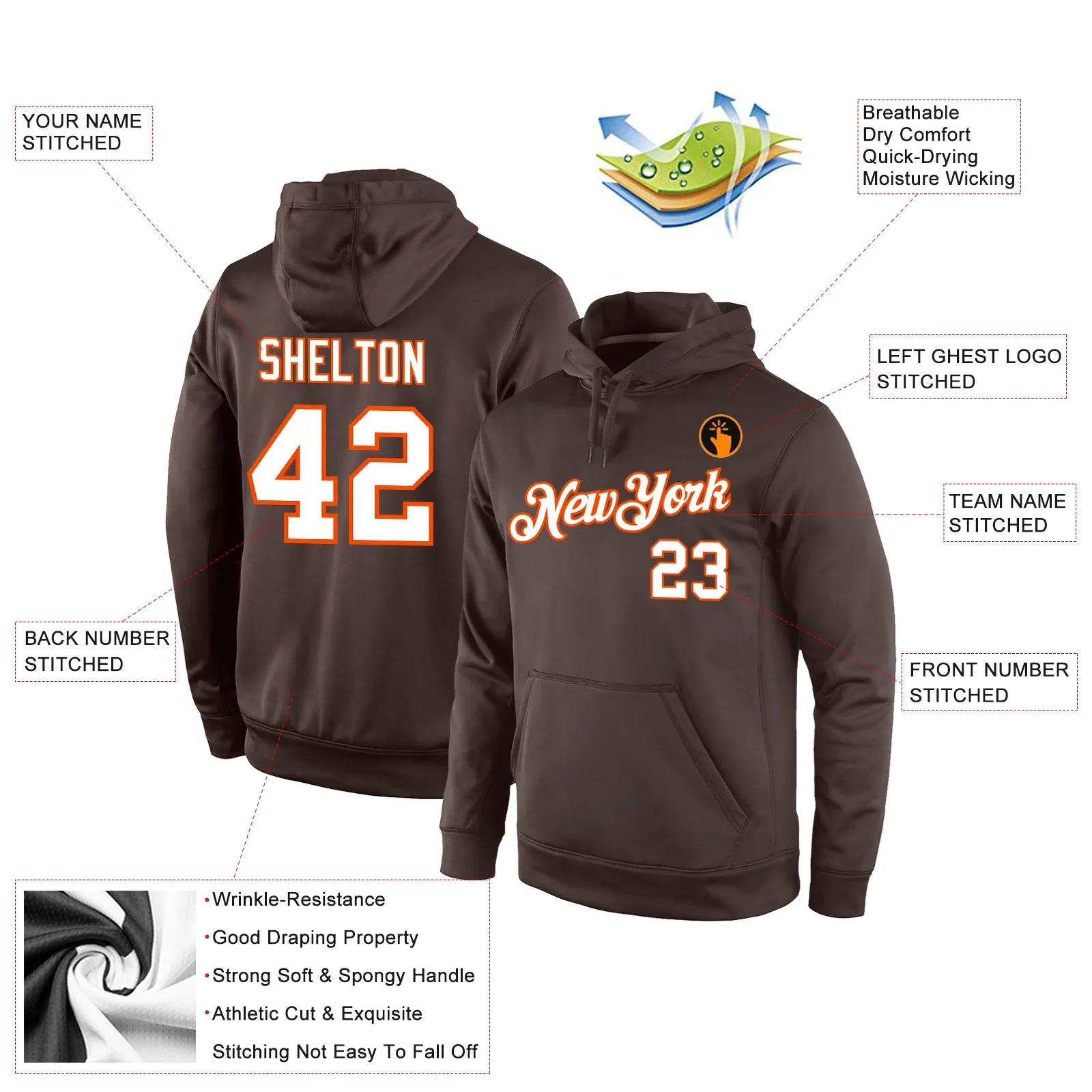 Custom Stitched Brown White-Orange Sports Pullover Sweatshirt Hoodie