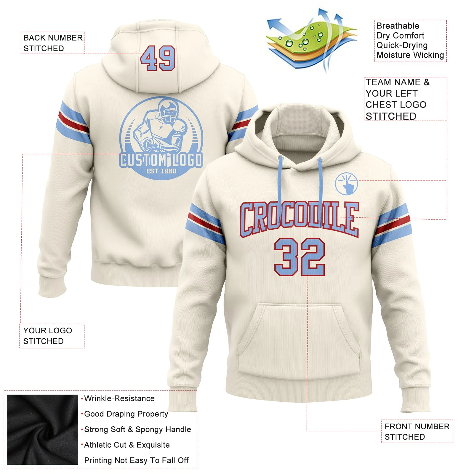 Custom Stitched Cream Light Blue-Red Football Pullover Sweatshirt Hoodie