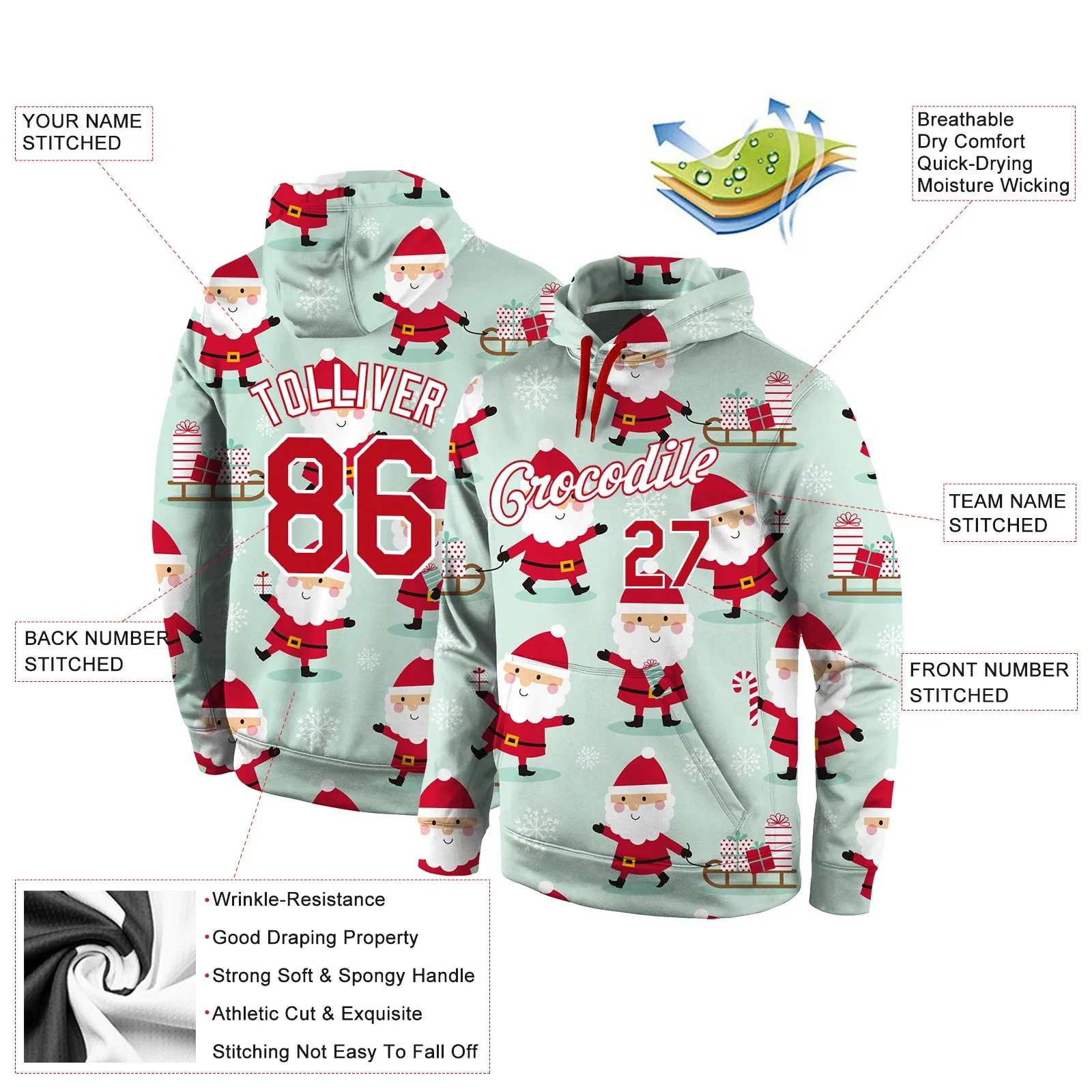 Custom Stitched Green Red-White Christmas 3D Sports Pullover Sweatshirt Hoodie