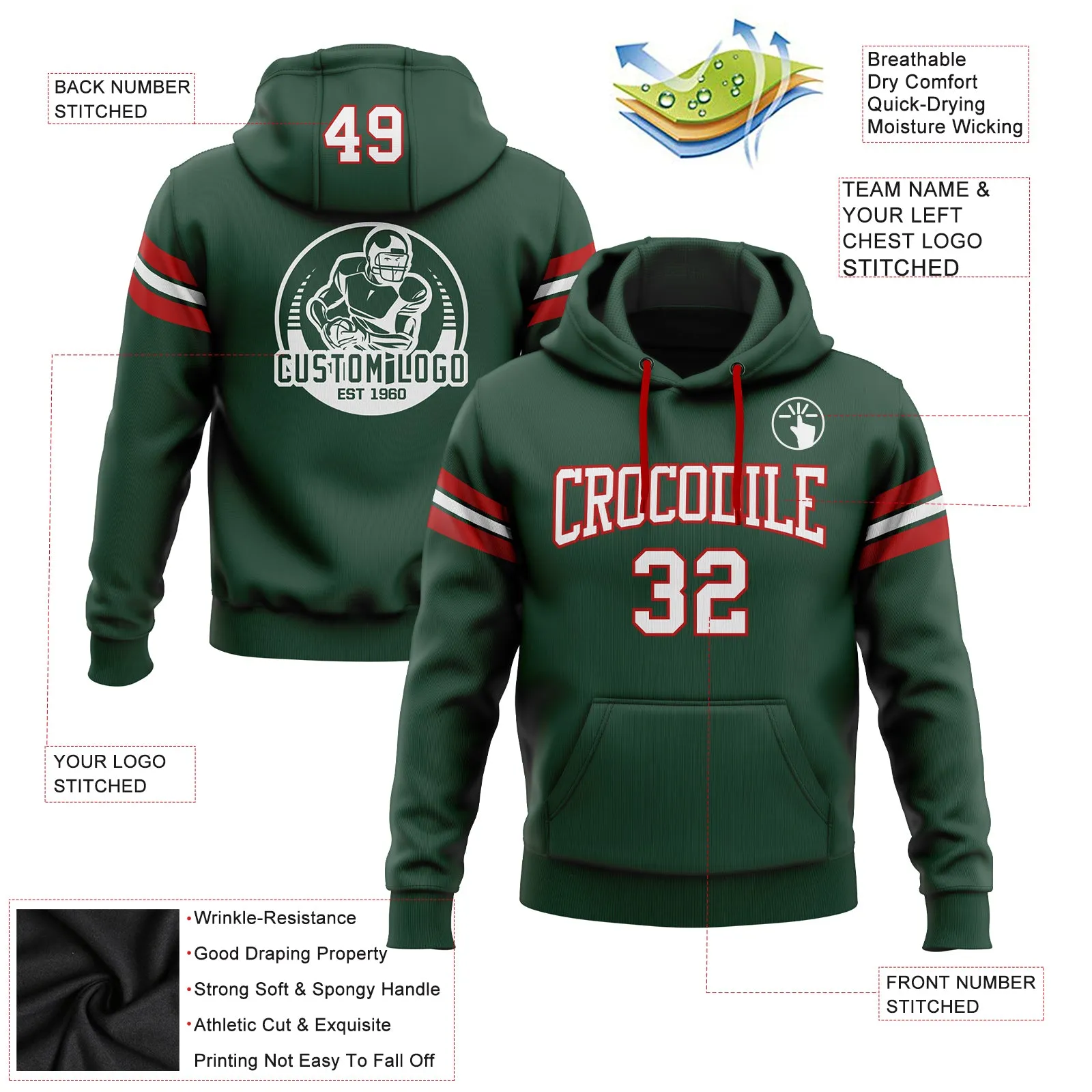 Custom Stitched Green White-Red Football Pullover Sweatshirt Hoodie