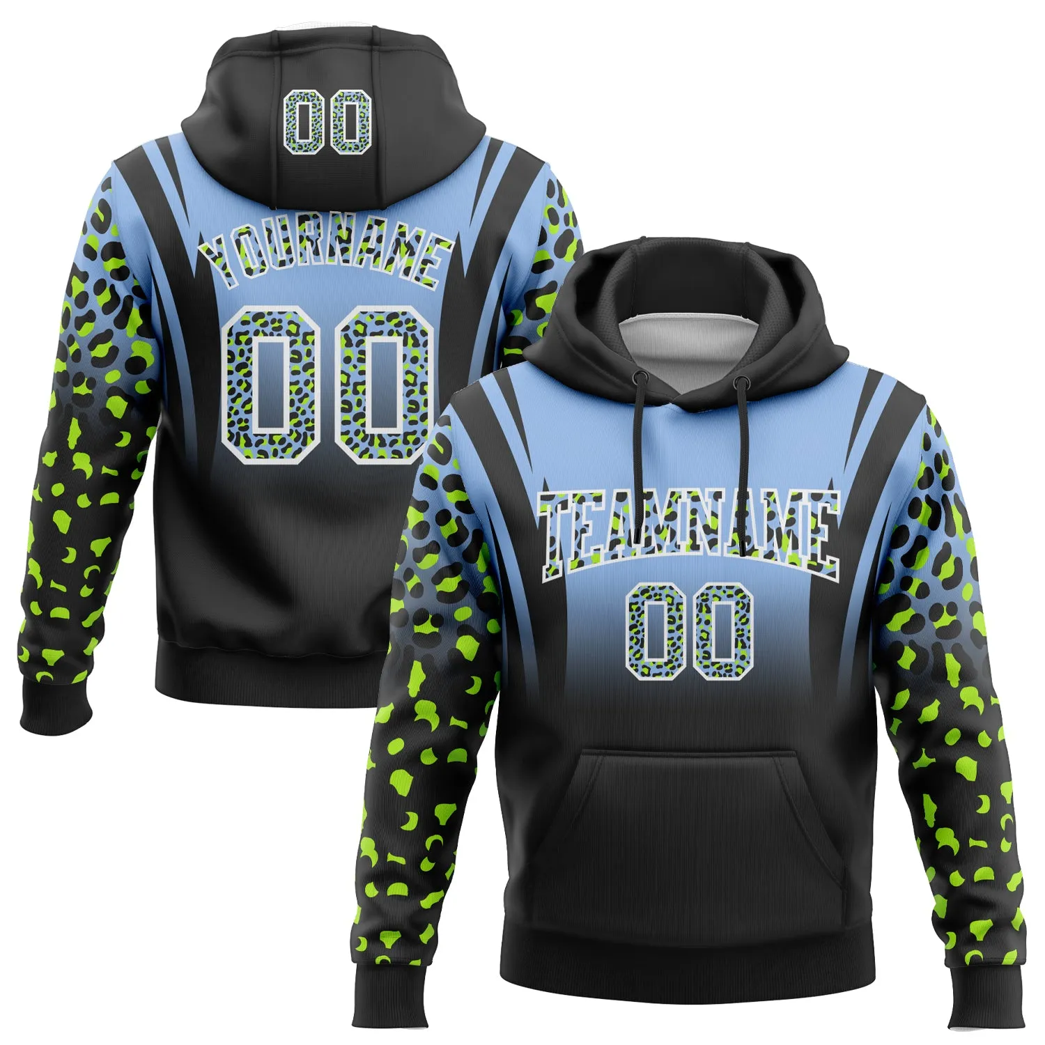 Custom Stitched Light Blue Black-White Fade Fashion Leopard Print Sports Pullover Sweatshirt Hoodie