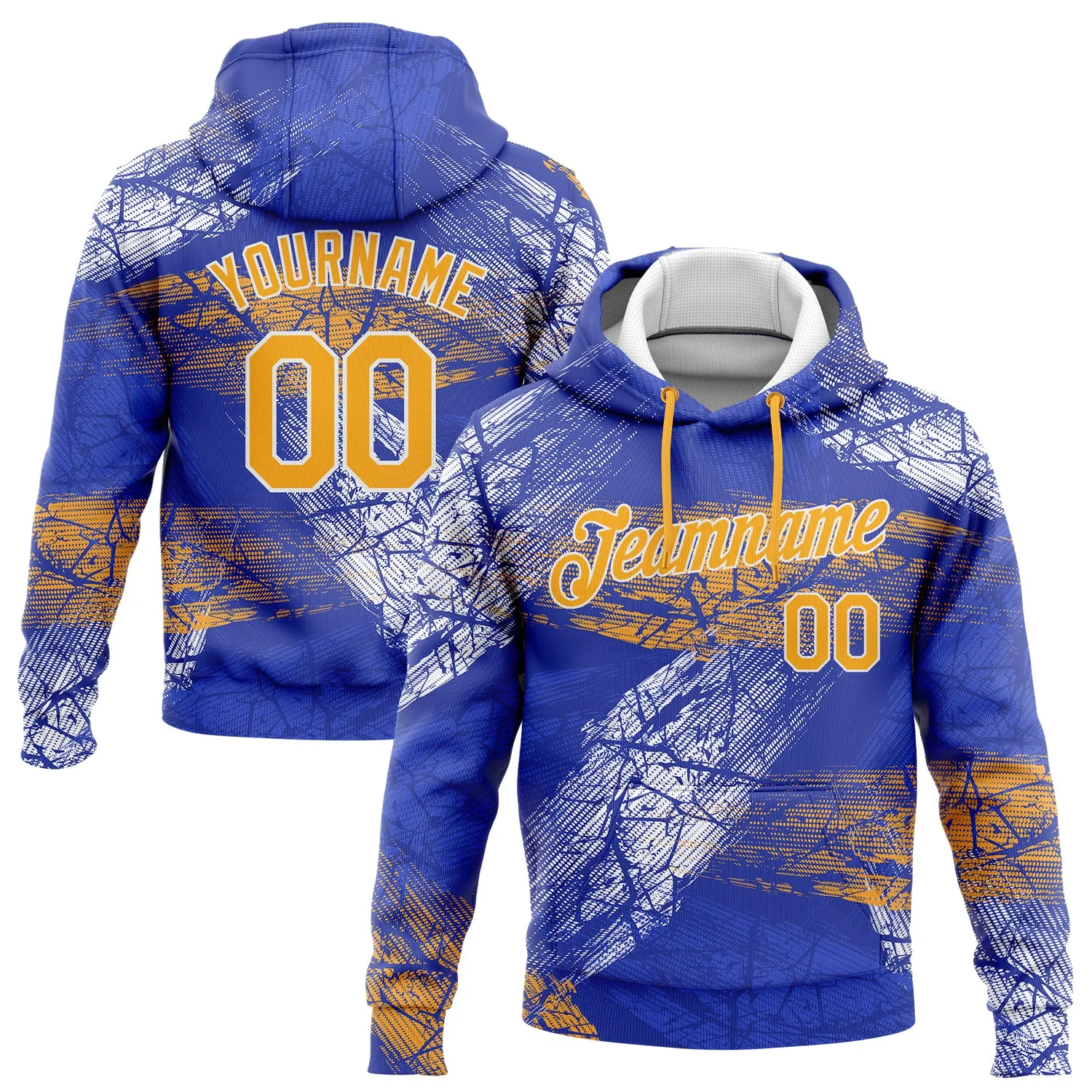 Custom Stitched Royal Gold-White 3D Pattern Design Sports Pullover Sweatshirt Hoodie