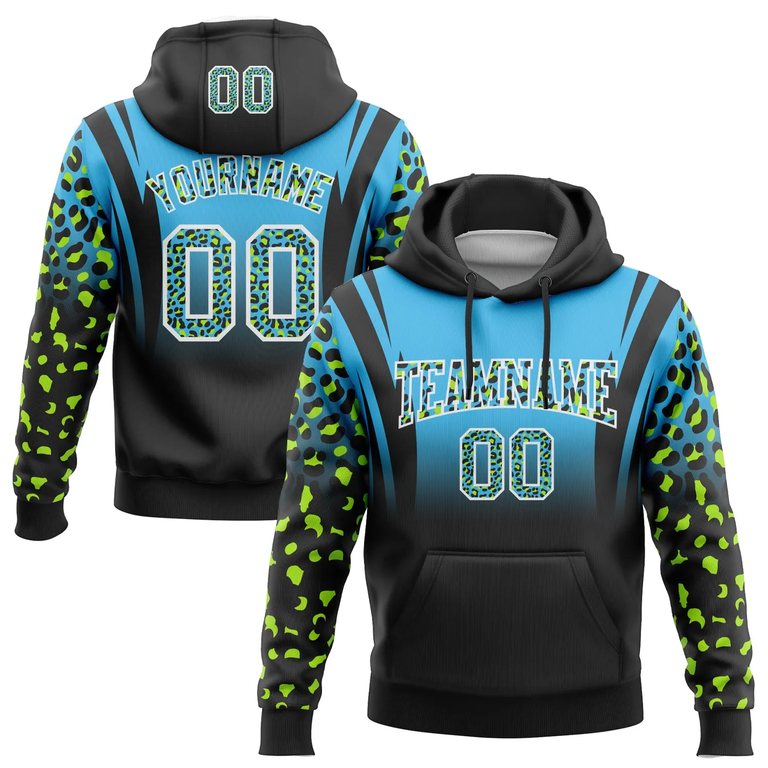 Custom Stitched Sky Blue Black-White Fade Fashion  Leopard Print Sports Pullover Sweatshirt Hoodie