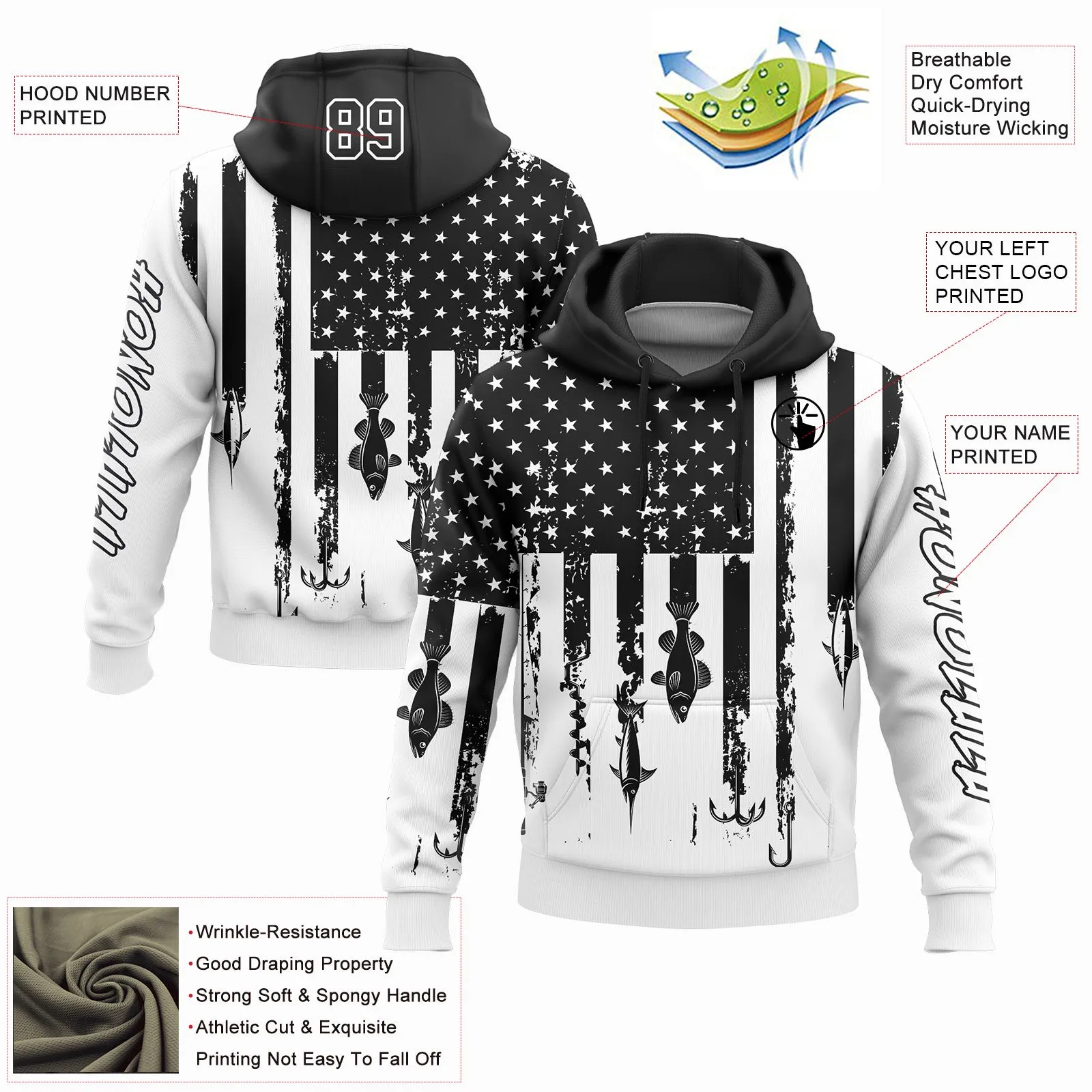 Custom Stitched White Black 3D American Flag And Fish Hook Fishing Sports Pullover Sweatshirt Hoodie