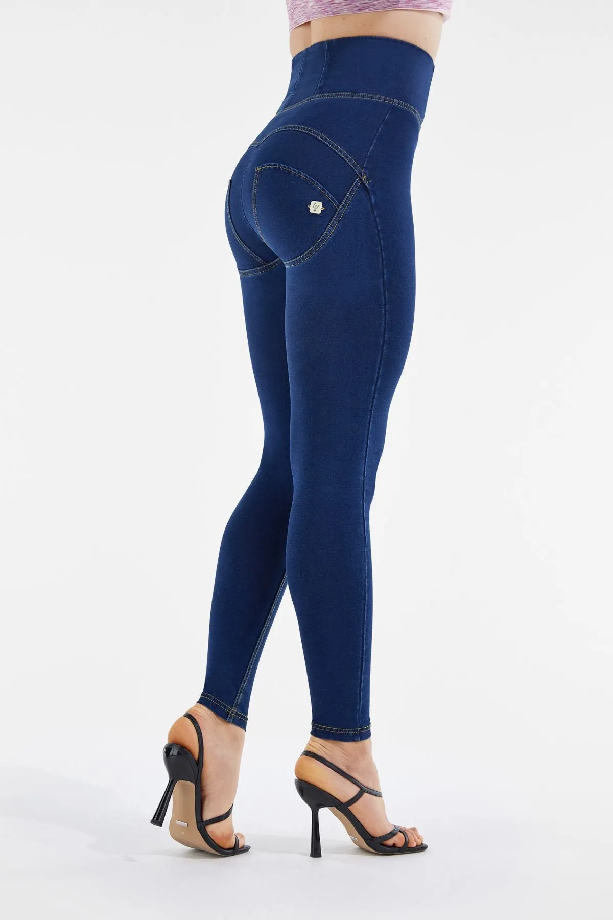 Dark Denim Super High-Waist – Full Length with Yellow Stitch