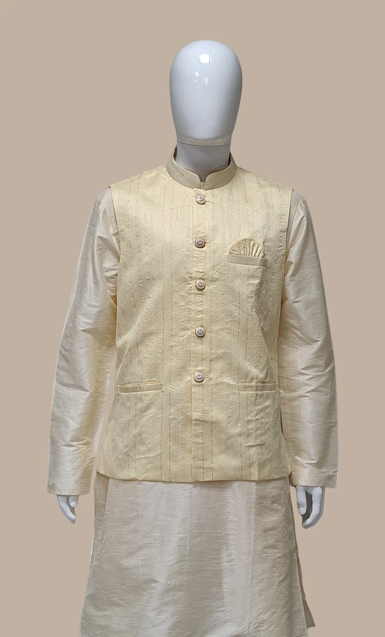 Deep Cream Embroidered Kurta & Waist Coat