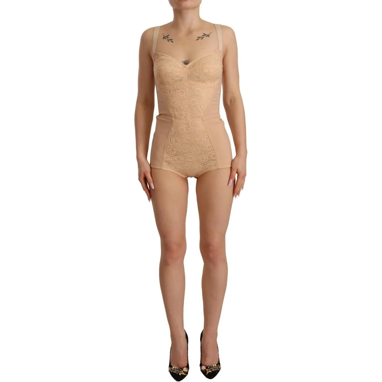 Dolce & Gabbana Beige Lace Panel Stretch Bodysuit