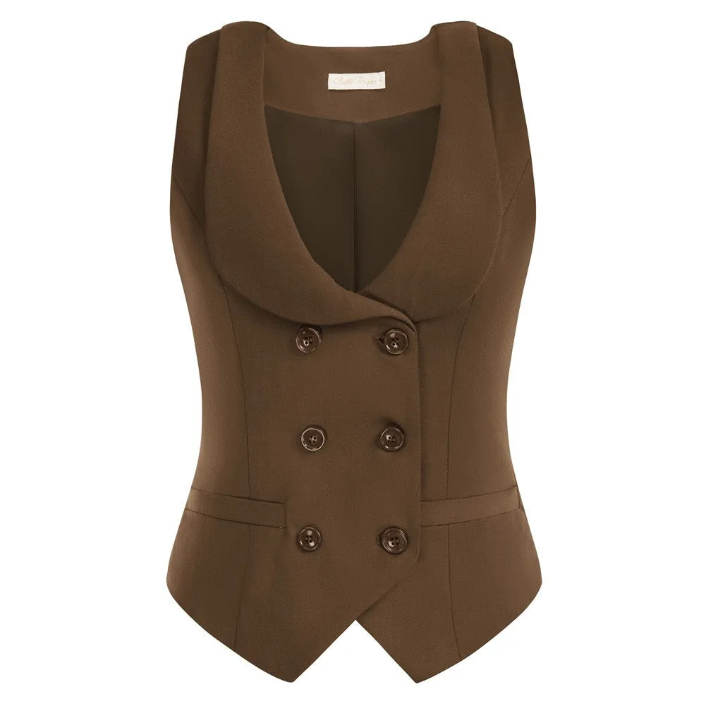 Double Breasted Waistcoat Vintage Lapel Collar Vest Coat with 2 Pockets