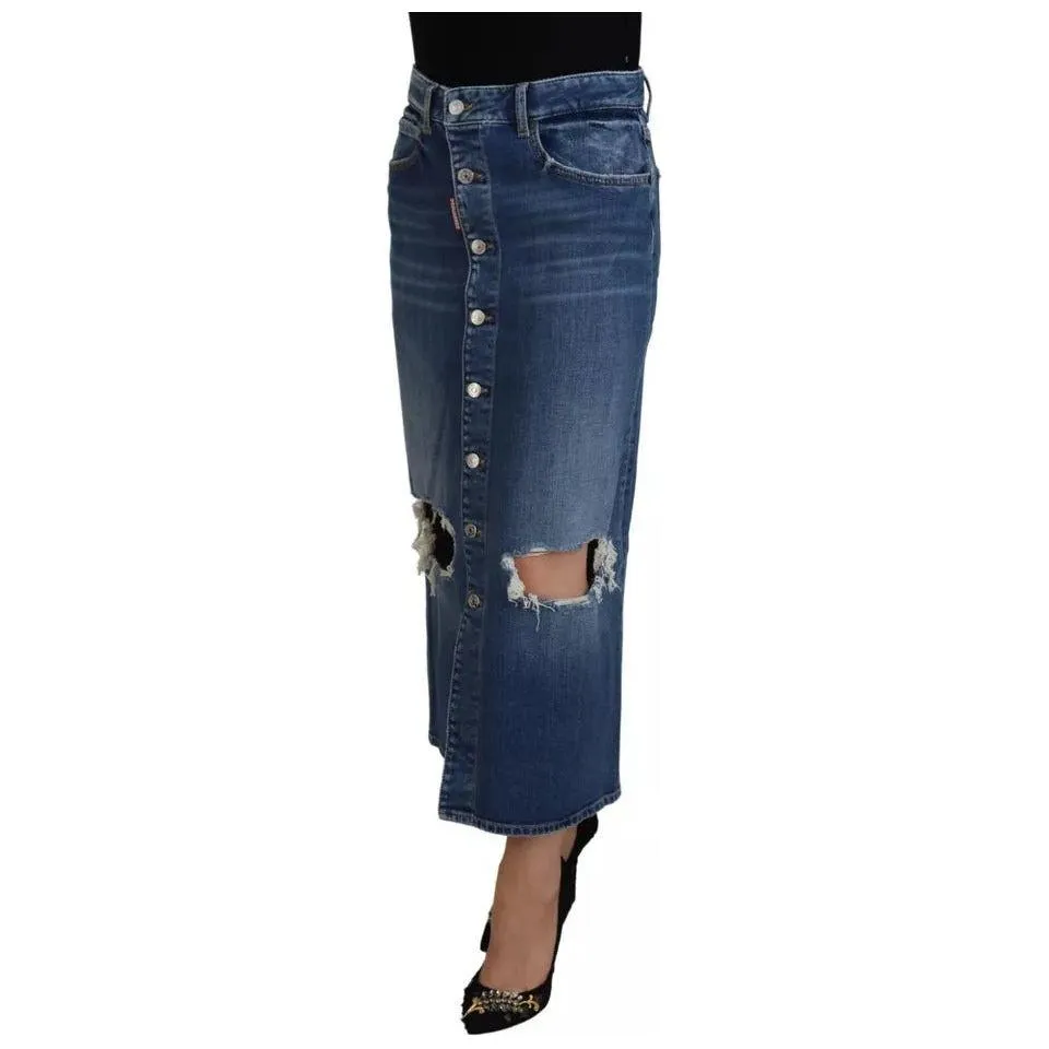 Dsquared² Blue Distressed High Waist Pencil Cut Denim Skirt