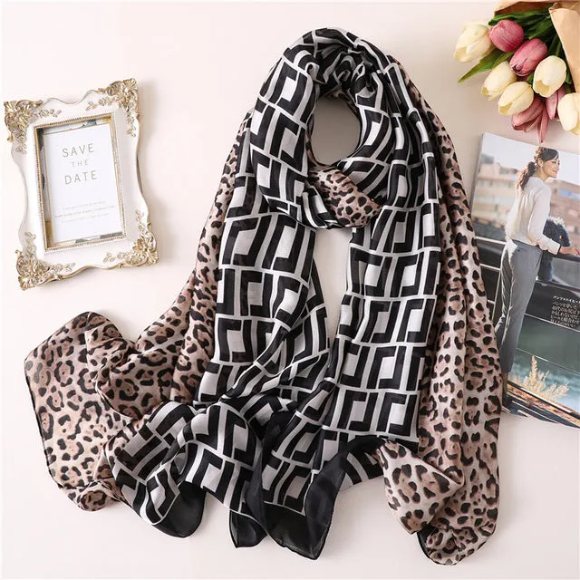 Fashion Silk Scarf Leopard Printed Bandana Shawl #FS323