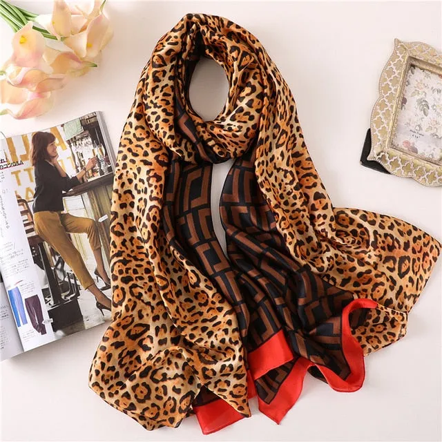 Fashion Silk Scarf Leopard Printed Bandana Shawl #FS323