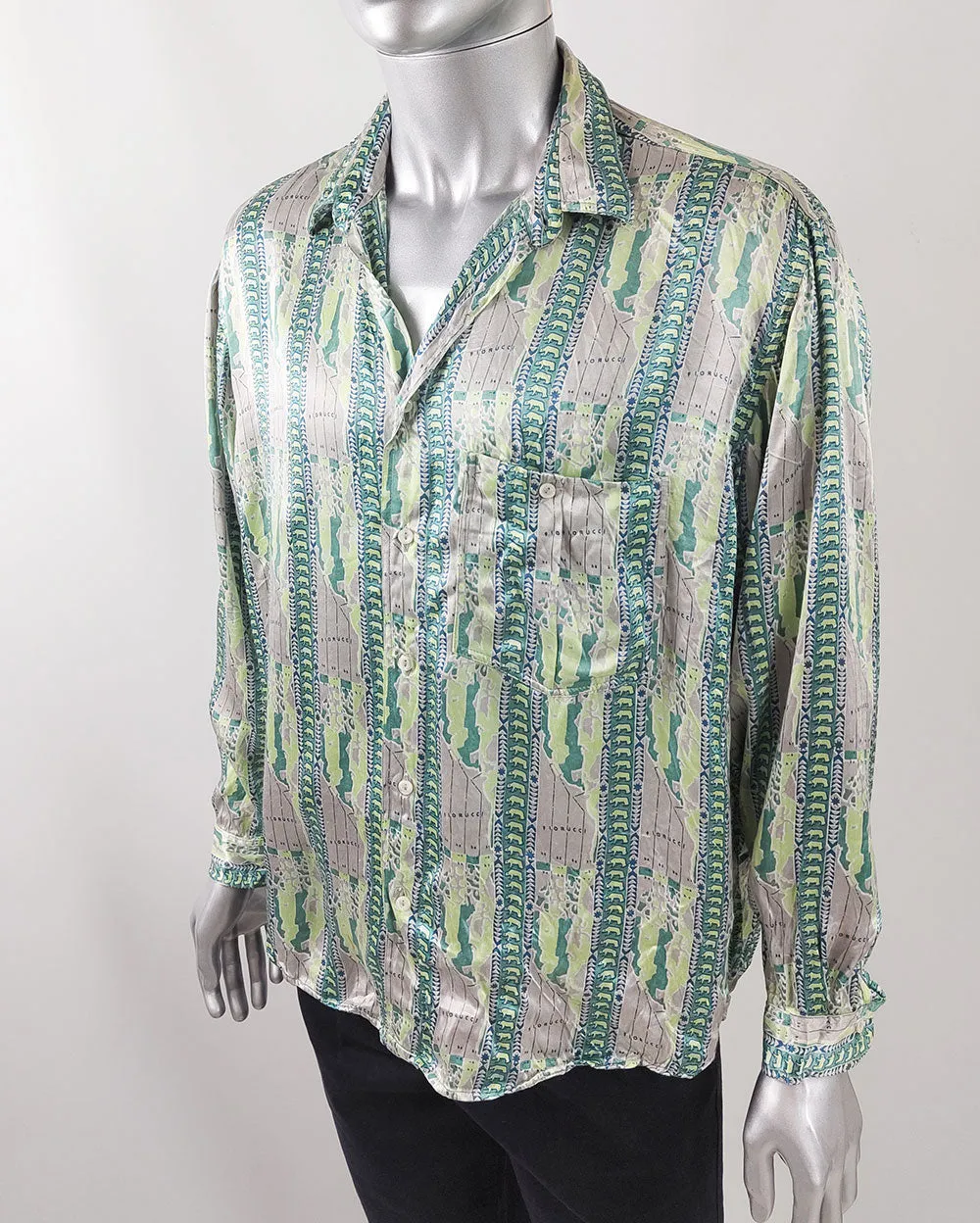 Fiorucci Vintage Mens Green & Grey Satin Shirt, 1980s