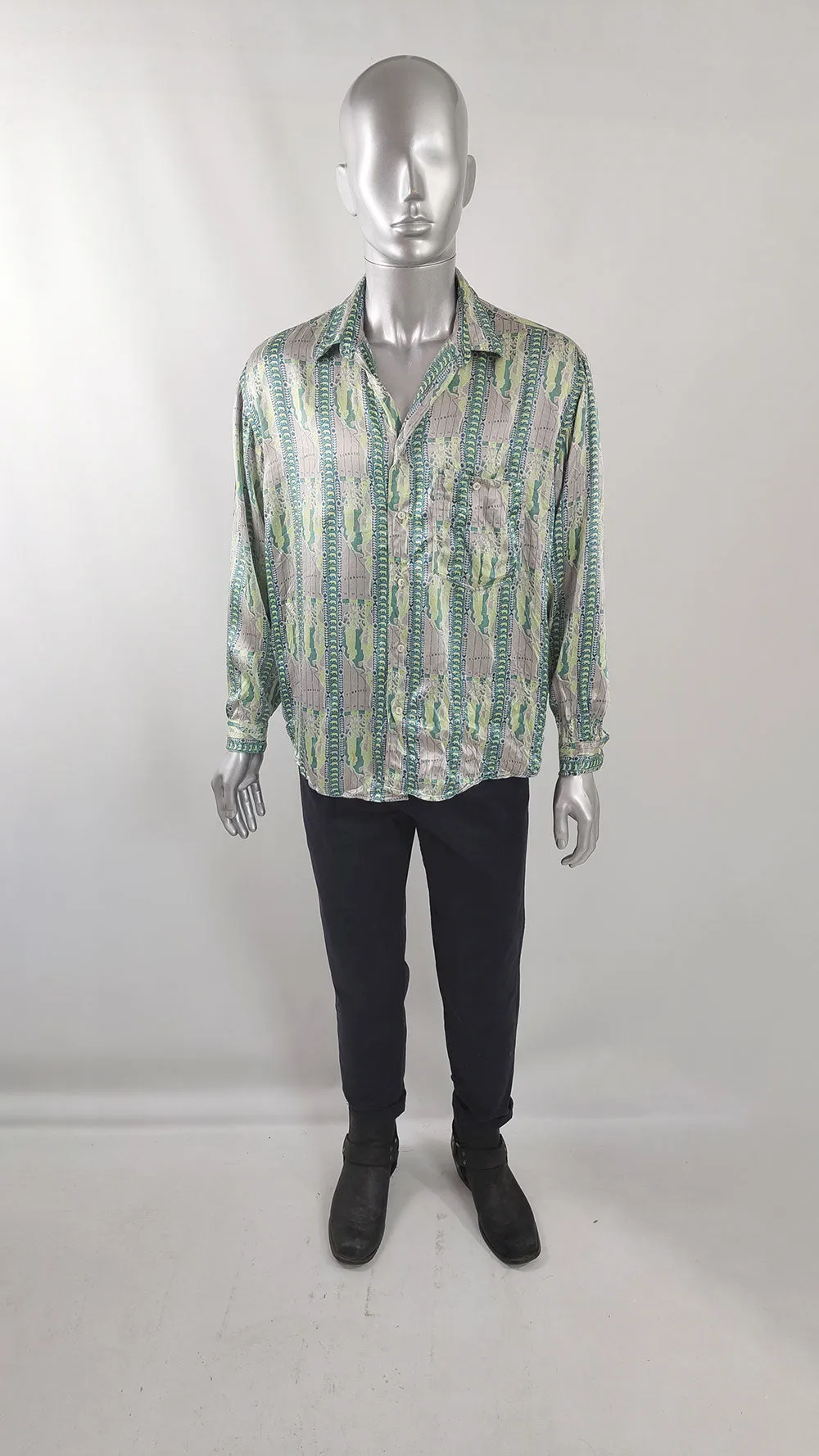 Fiorucci Vintage Mens Green & Grey Satin Shirt, 1980s