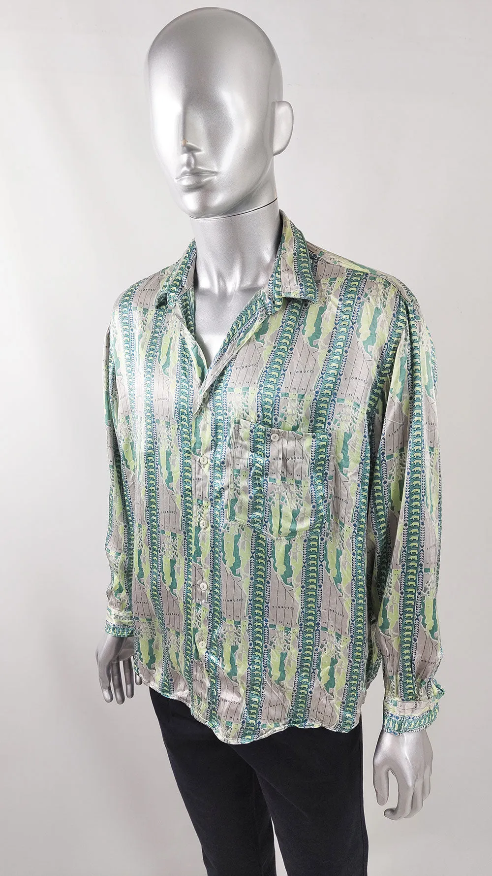 Fiorucci Vintage Mens Green & Grey Satin Shirt, 1980s