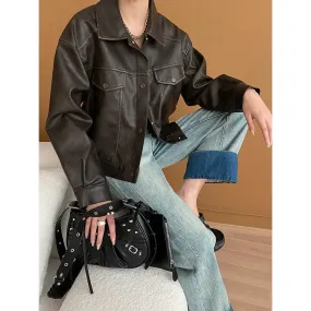 Flytonn-Fall Outfits Women Outwear Streetwear -Color Block Distressed Leather Jacket Short Style 2024 Early Spring Crop Coat