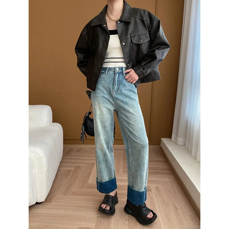 Flytonn-Fall Outfits Women Outwear Streetwear -Color Block Distressed Leather Jacket Short Style 2024 Early Spring Crop Coat