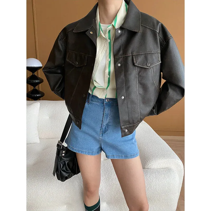 Flytonn-Fall Outfits Women Outwear Streetwear -Color Block Distressed Leather Jacket Short Style 2024 Early Spring Crop Coat