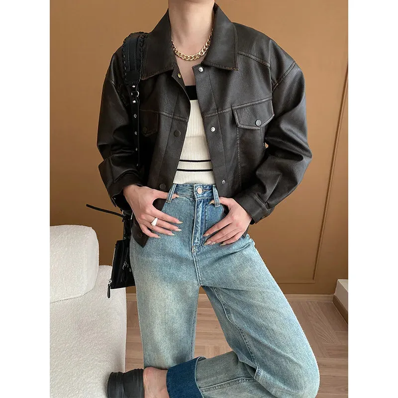 Flytonn-Fall Outfits Women Outwear Streetwear -Color Block Distressed Leather Jacket Short Style 2024 Early Spring Crop Coat