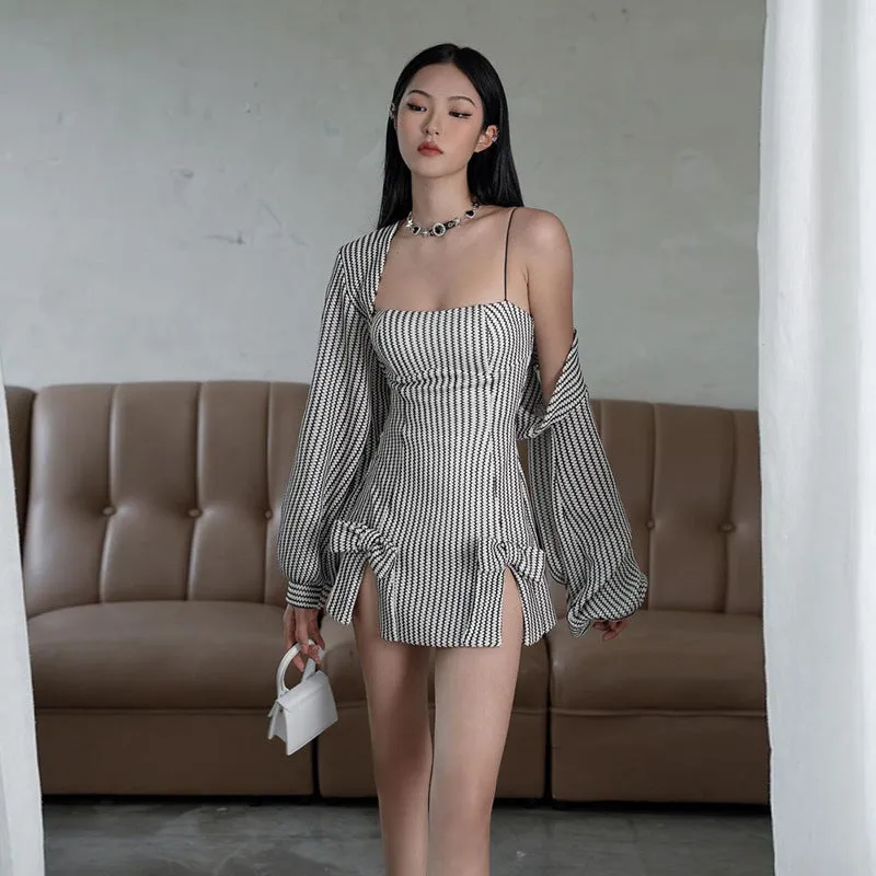 Flytonn-Fall Outfits Women Outwear Streetwear  fashion outfits Autumn Fashion Trendy Women's Clothing New Strap off-Shoulder Slim Hip Striped Dress