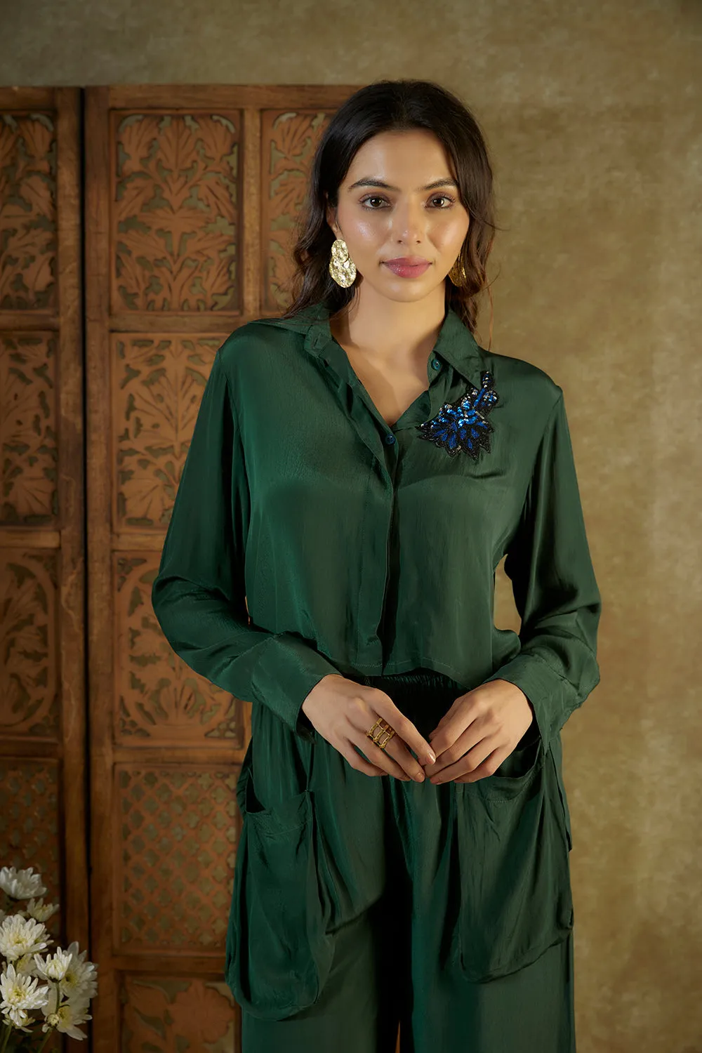 Forest Green Embroidered Crop Shirt With Cargo Pants