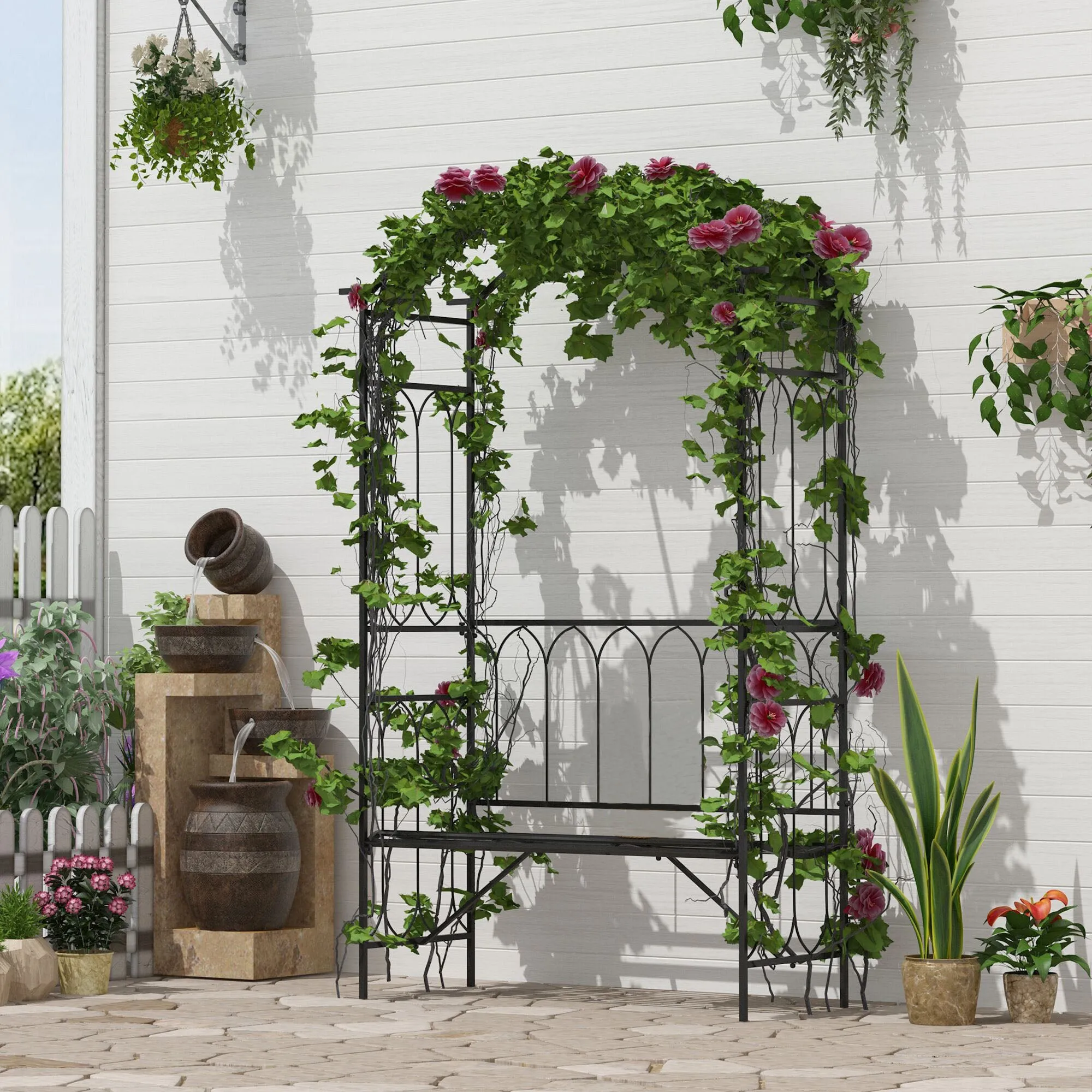 Garden Metal Arch Bench Outdoor 2-Seater Chair, Patio Rose Trellis Arbour Pergola for Climbing Plant Vintage Classic Black 115x50x203H cm