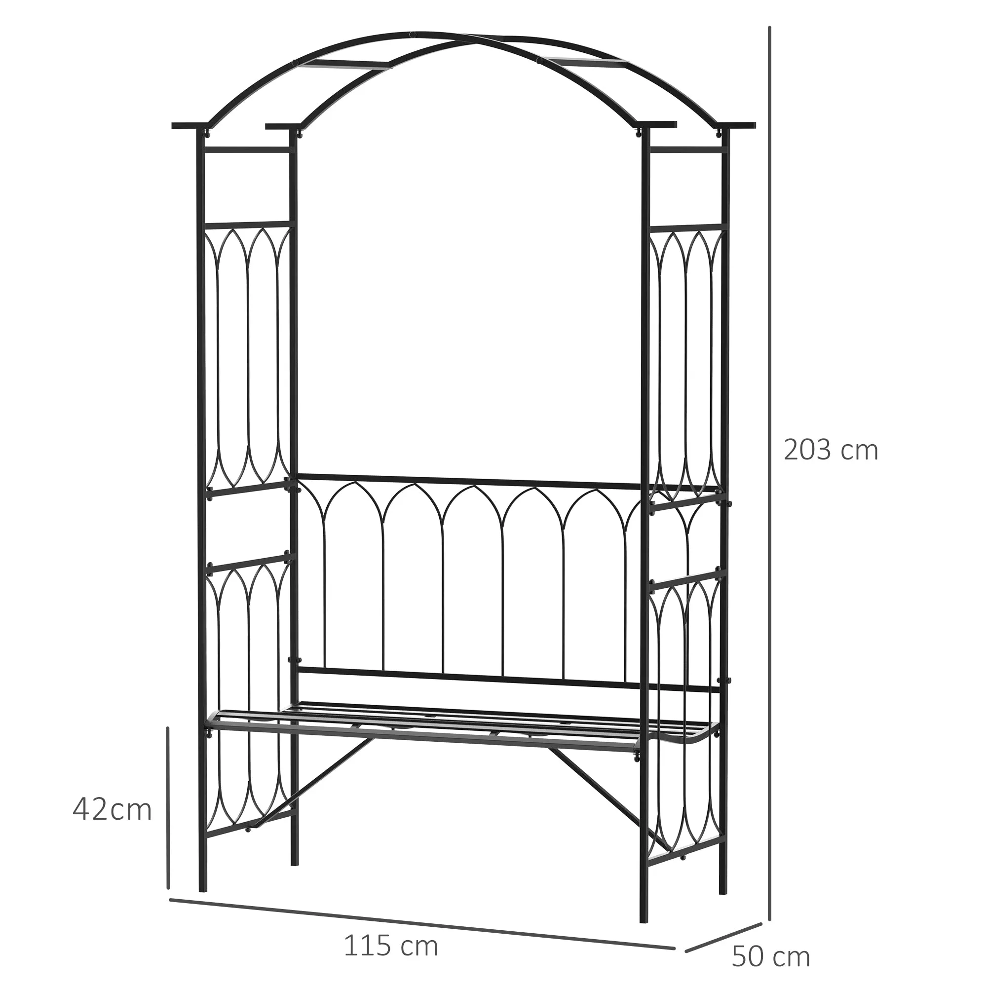 Garden Metal Arch Bench Outdoor 2-Seater Chair, Patio Rose Trellis Arbour Pergola for Climbing Plant Vintage Classic Black 115x50x203H cm