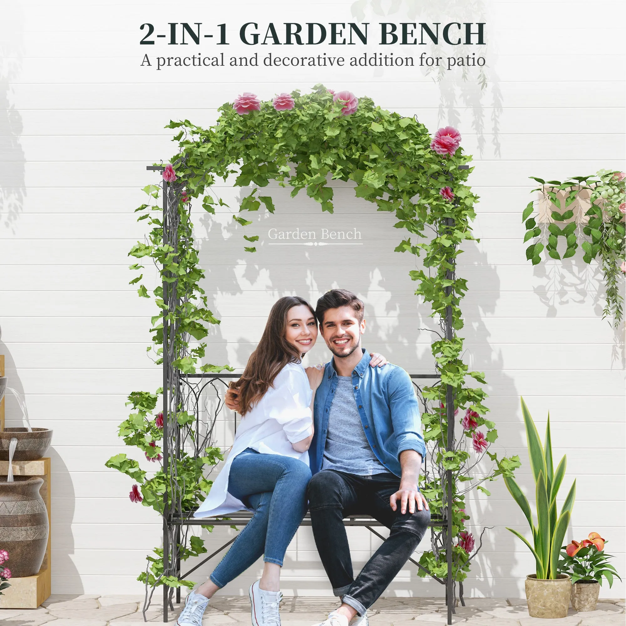 Garden Metal Arch Bench Outdoor 2-Seater Chair, Patio Rose Trellis Arbour Pergola for Climbing Plant Vintage Classic Black 115x50x203H cm