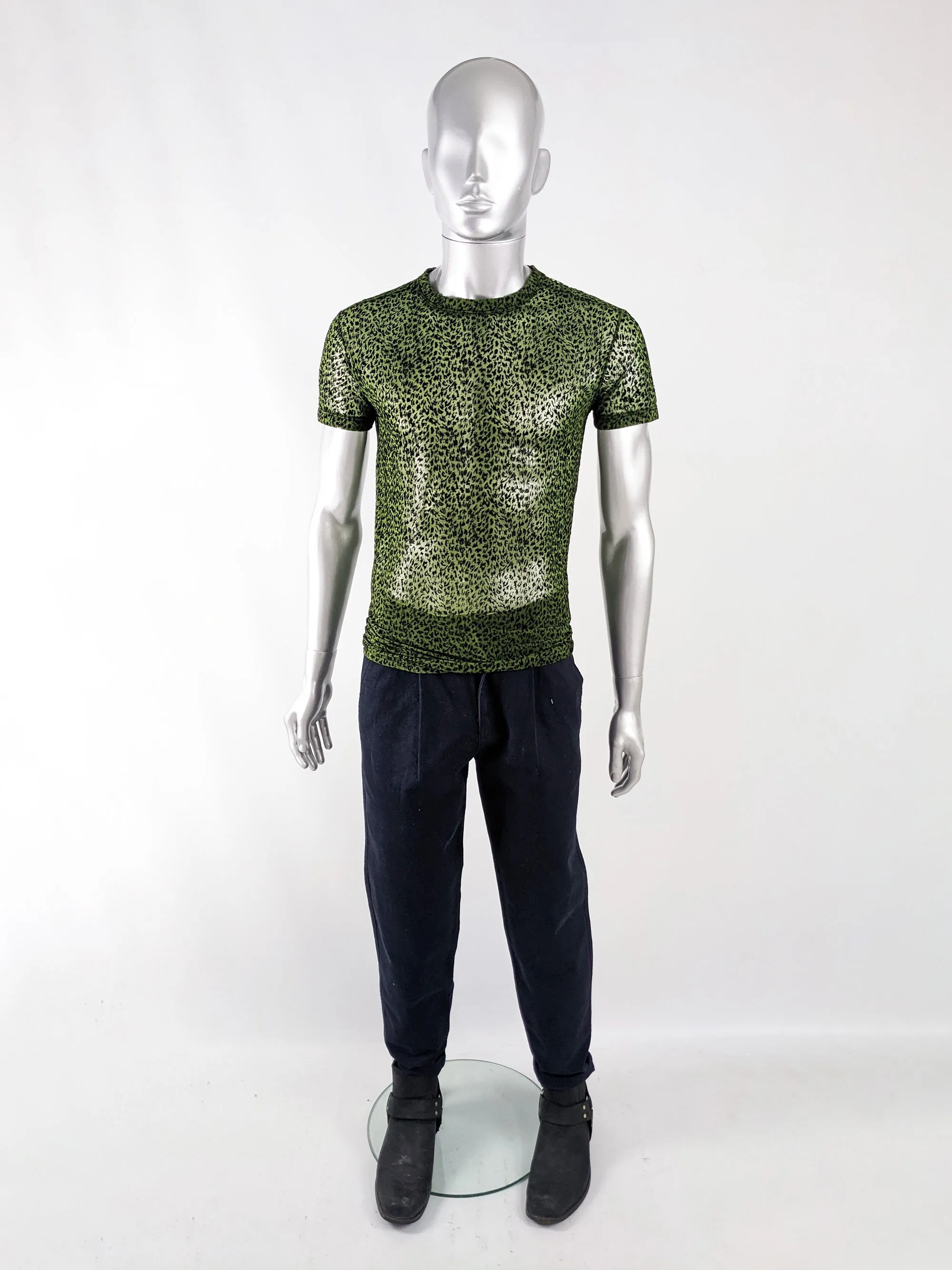 Gianni Versace Versus Vintage Mens Green Sheer Mesh Shirt, 1990s