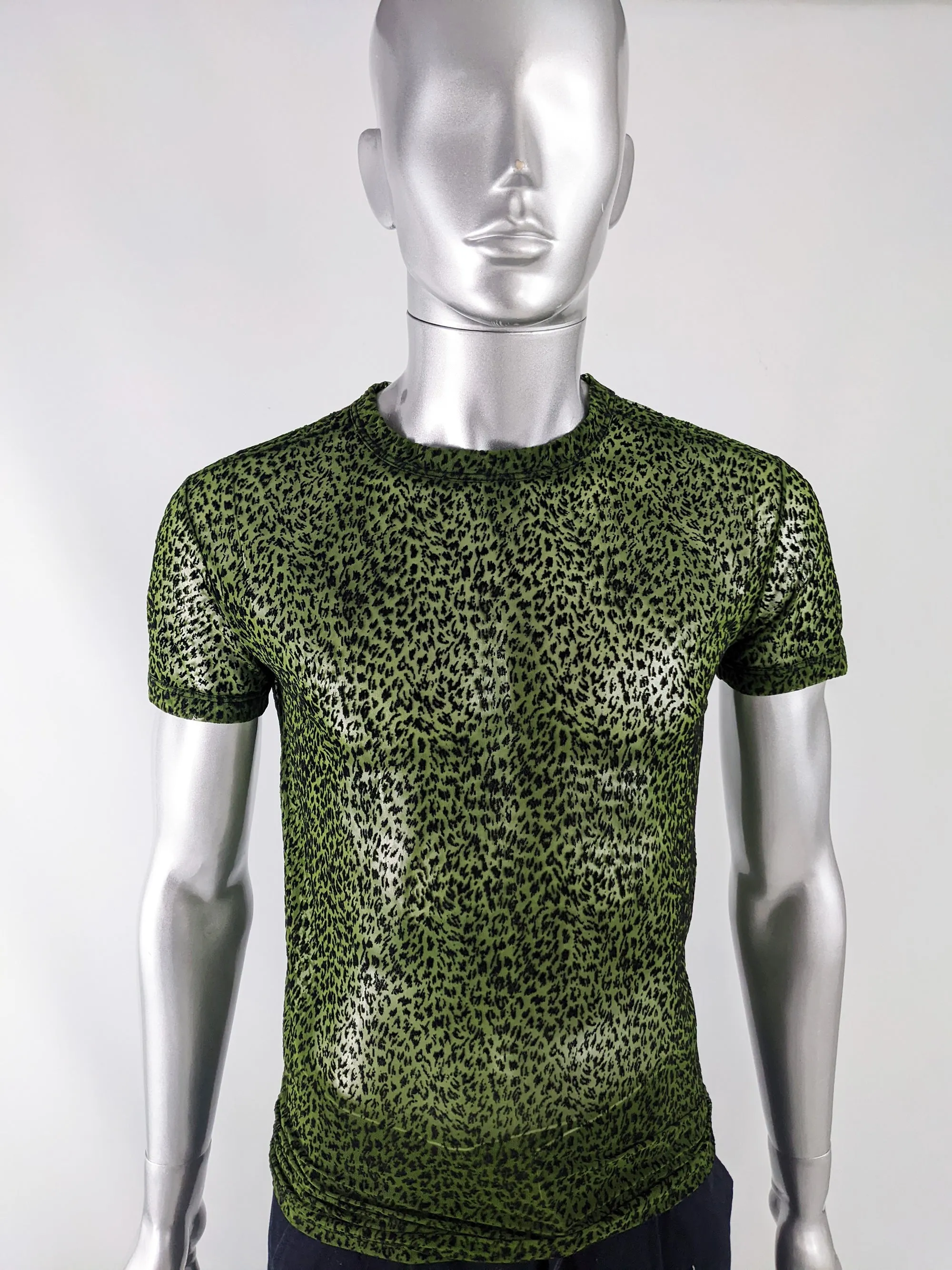 Gianni Versace Versus Vintage Mens Green Sheer Mesh Shirt, 1990s