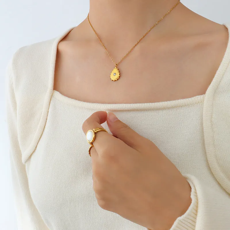 Golden Droplet Pendant Necklace with Geometric Zircon Inlay