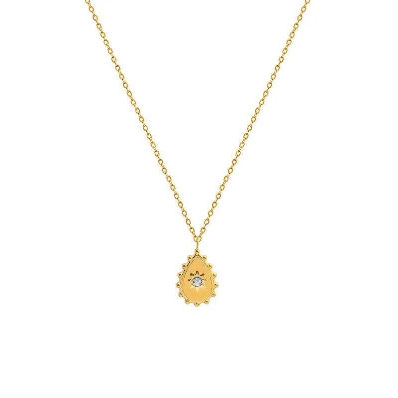 Golden Droplet Pendant Necklace with Geometric Zircon Inlay