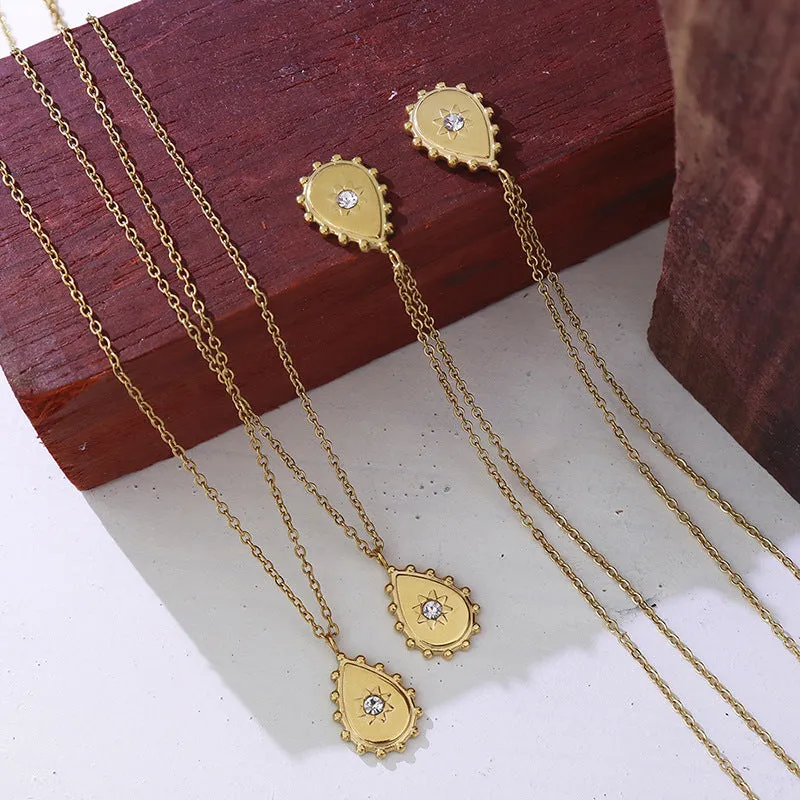 Golden Droplet Pendant Necklace with Geometric Zircon Inlay