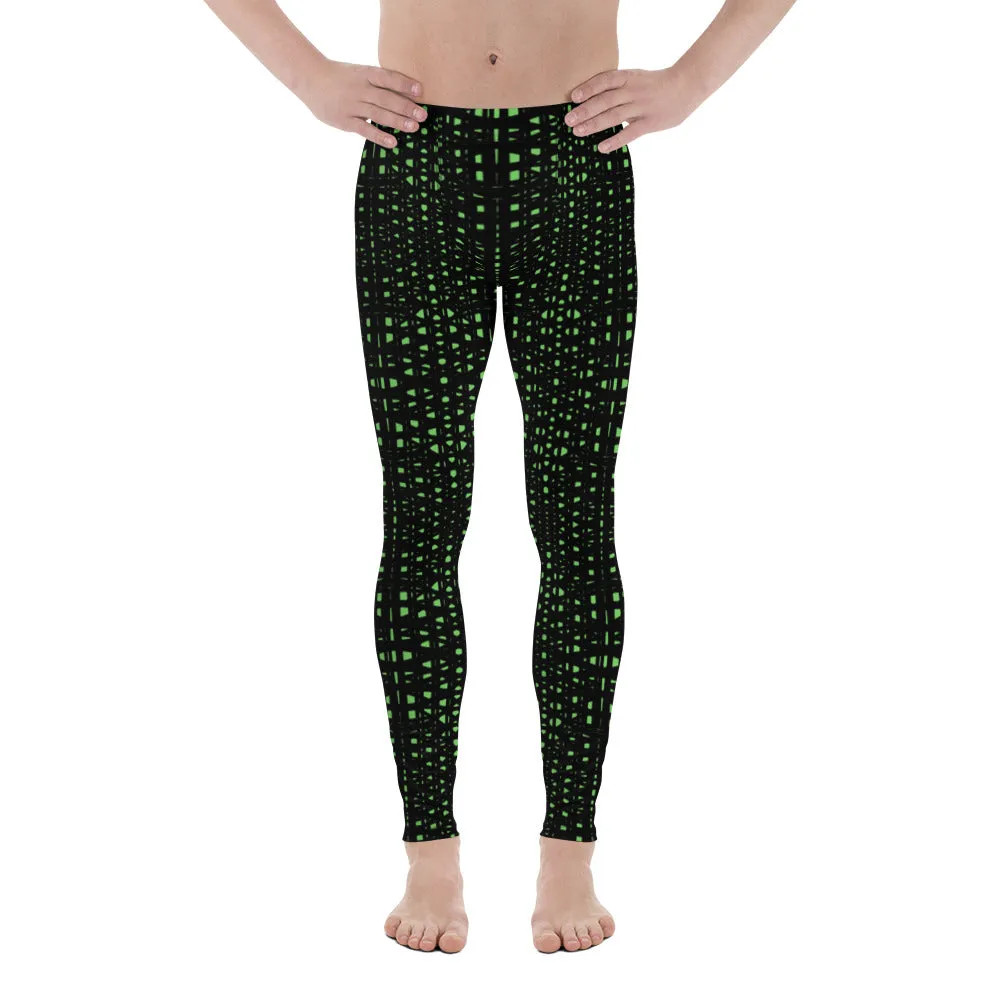 Green Meshed Men's Leggings, Best Premium Meggings Compression Running Tights-Made in USA/EU/MX