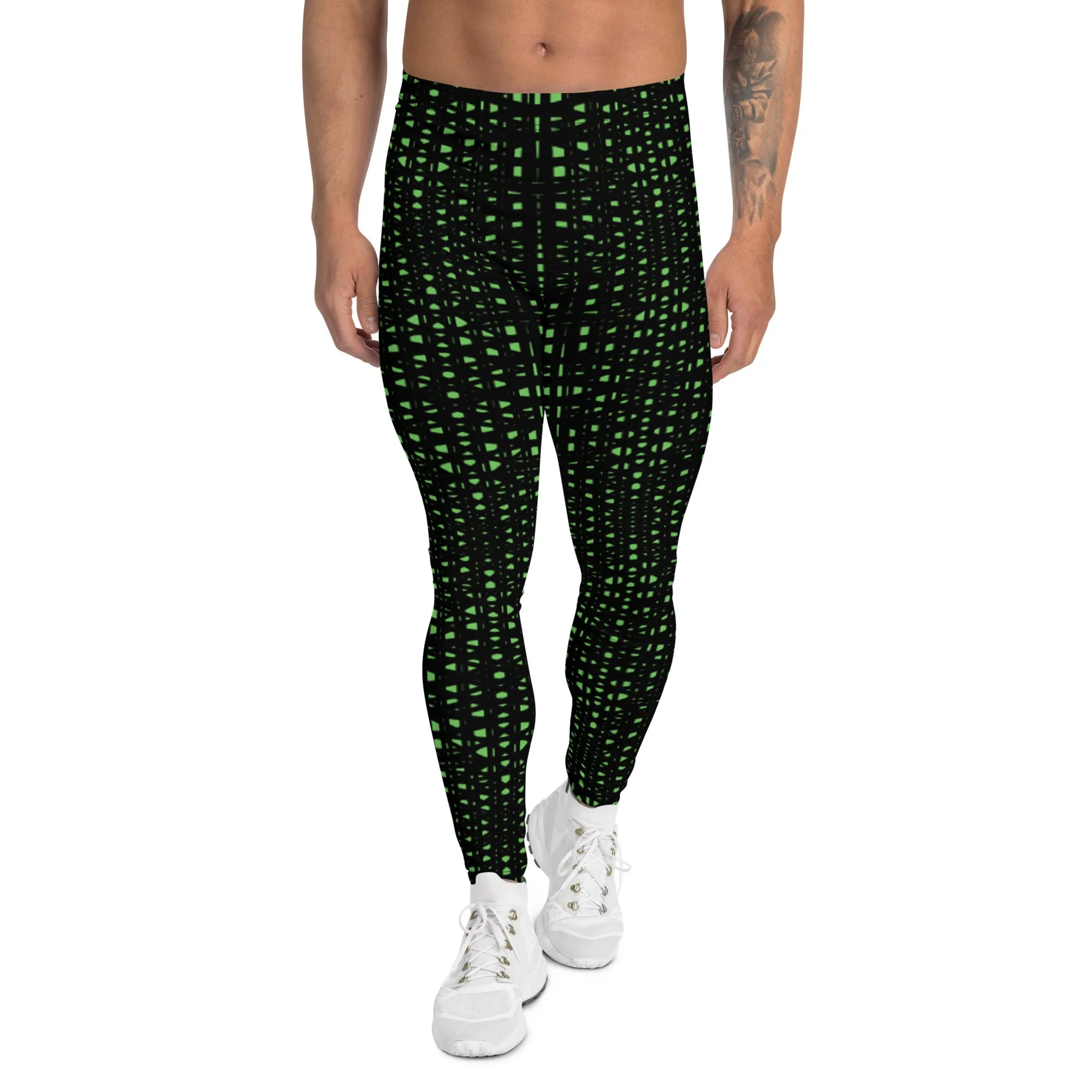 Green Meshed Men's Leggings, Best Premium Meggings Compression Running Tights-Made in USA/EU/MX