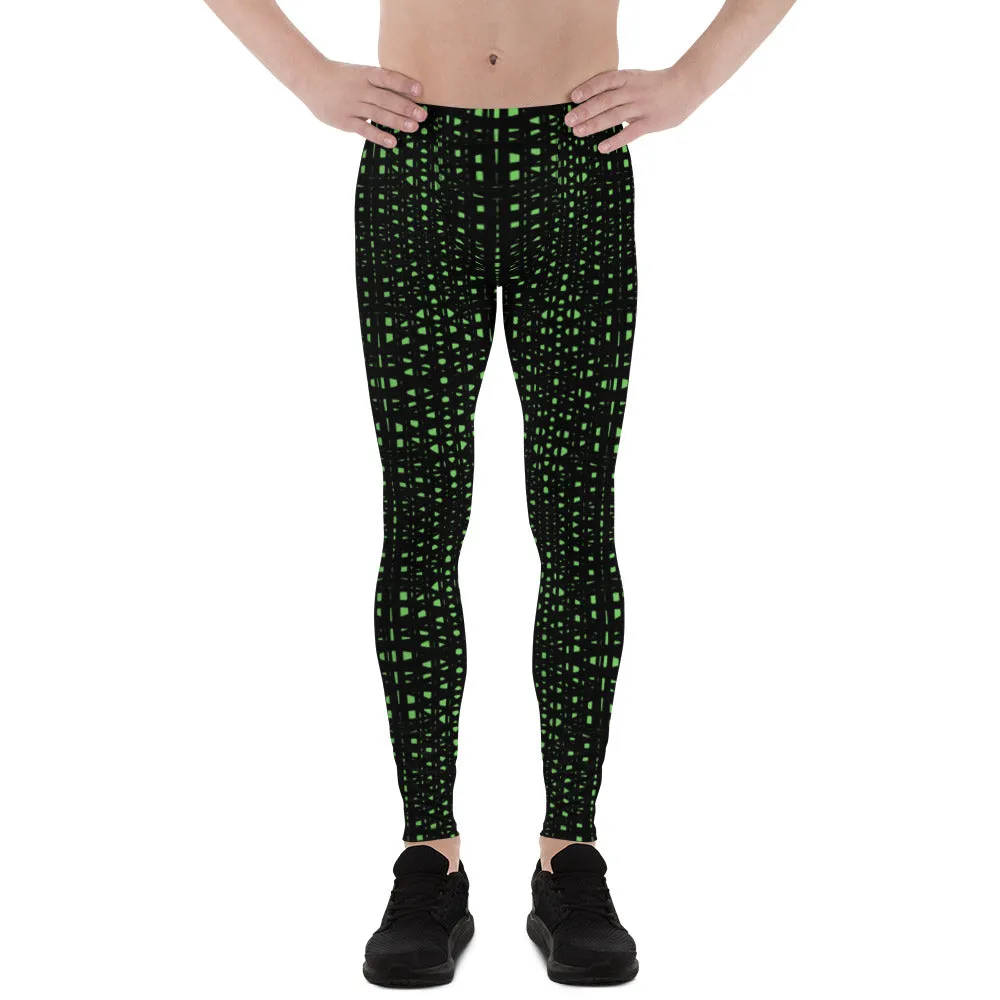 Green Meshed Men's Leggings, Best Premium Meggings Compression Running Tights-Made in USA/EU/MX